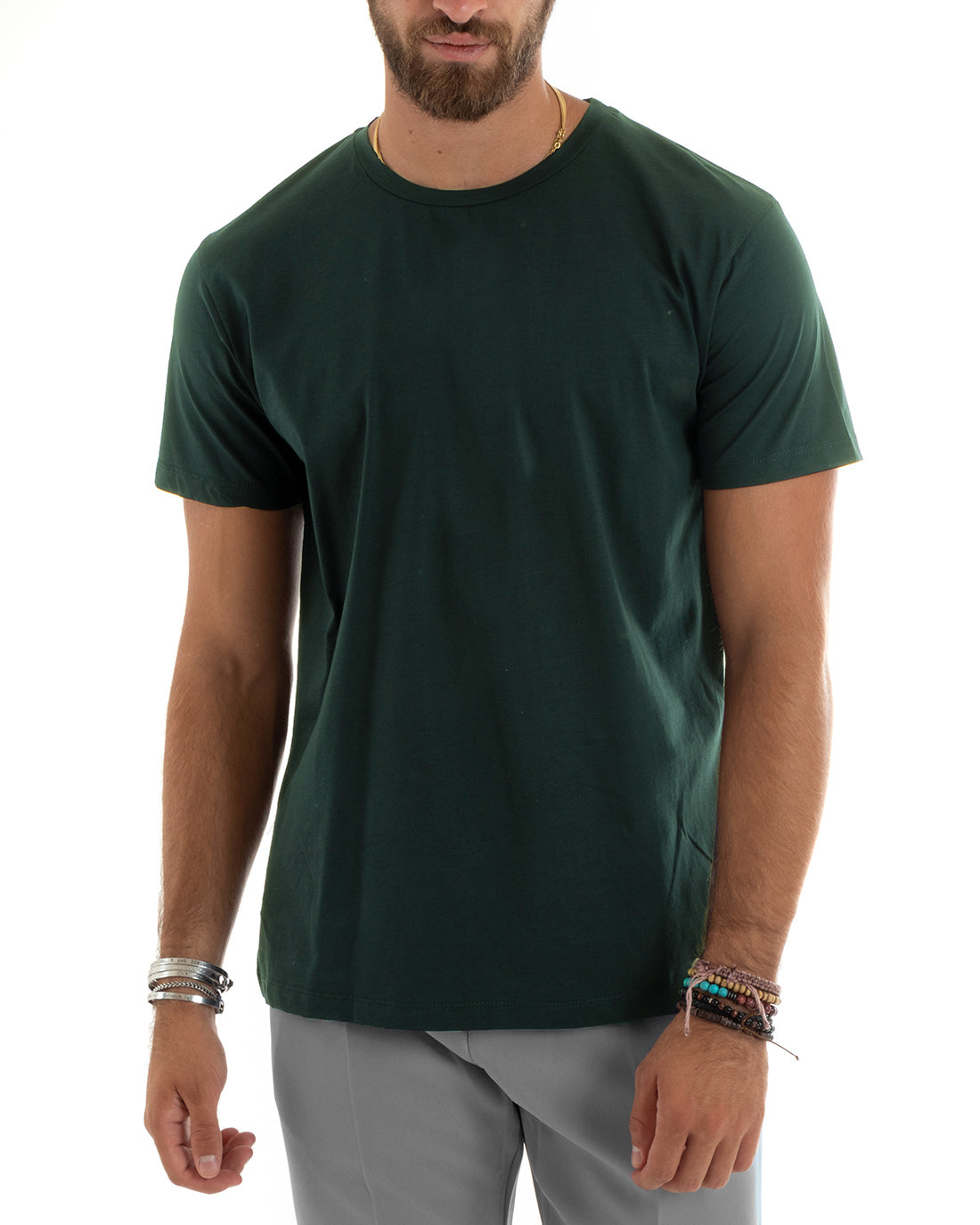 T-shirt Uomo Filo Di Scozia Basic Leggera Tinta Unita Verde Girocollo Casual GIOSAL-TS3188A