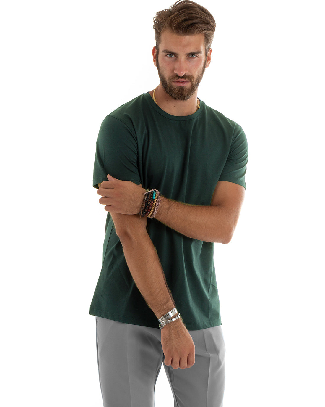 T-shirt Uomo Filo Di Scozia Basic Leggera Tinta Unita Verde Girocollo Casual GIOSAL-TS3188A