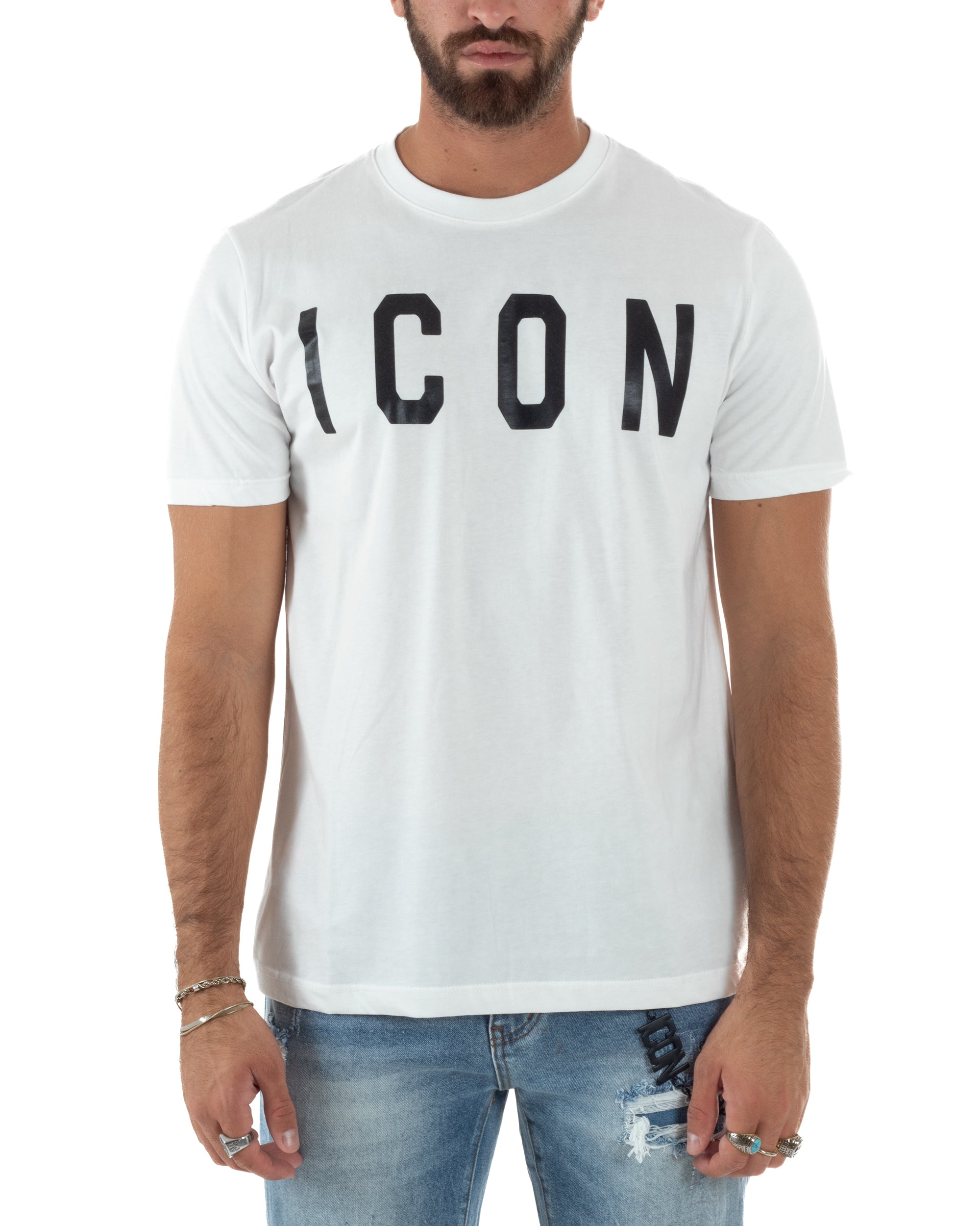 T-shirt Uomo Girocollo Stampa Basic Regular Fit Bianco ICON ICUF2W6T001