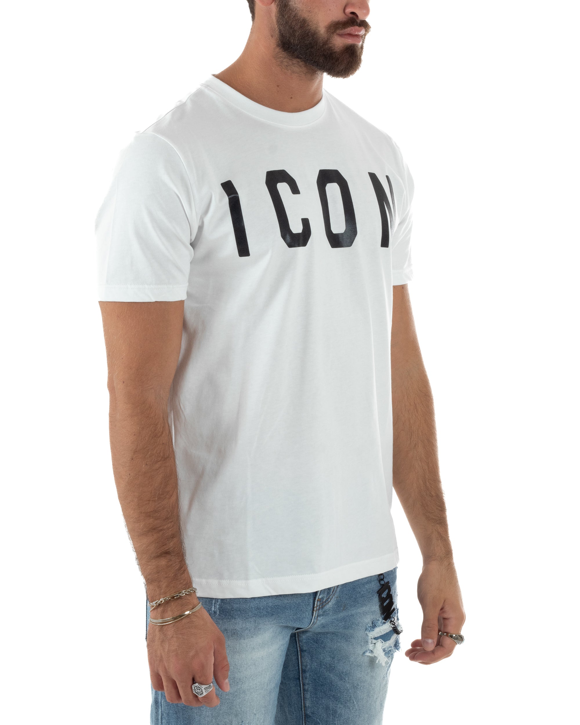 T-shirt Uomo Girocollo Stampa Basic Regular Fit Bianco ICON ICUF2W6T001