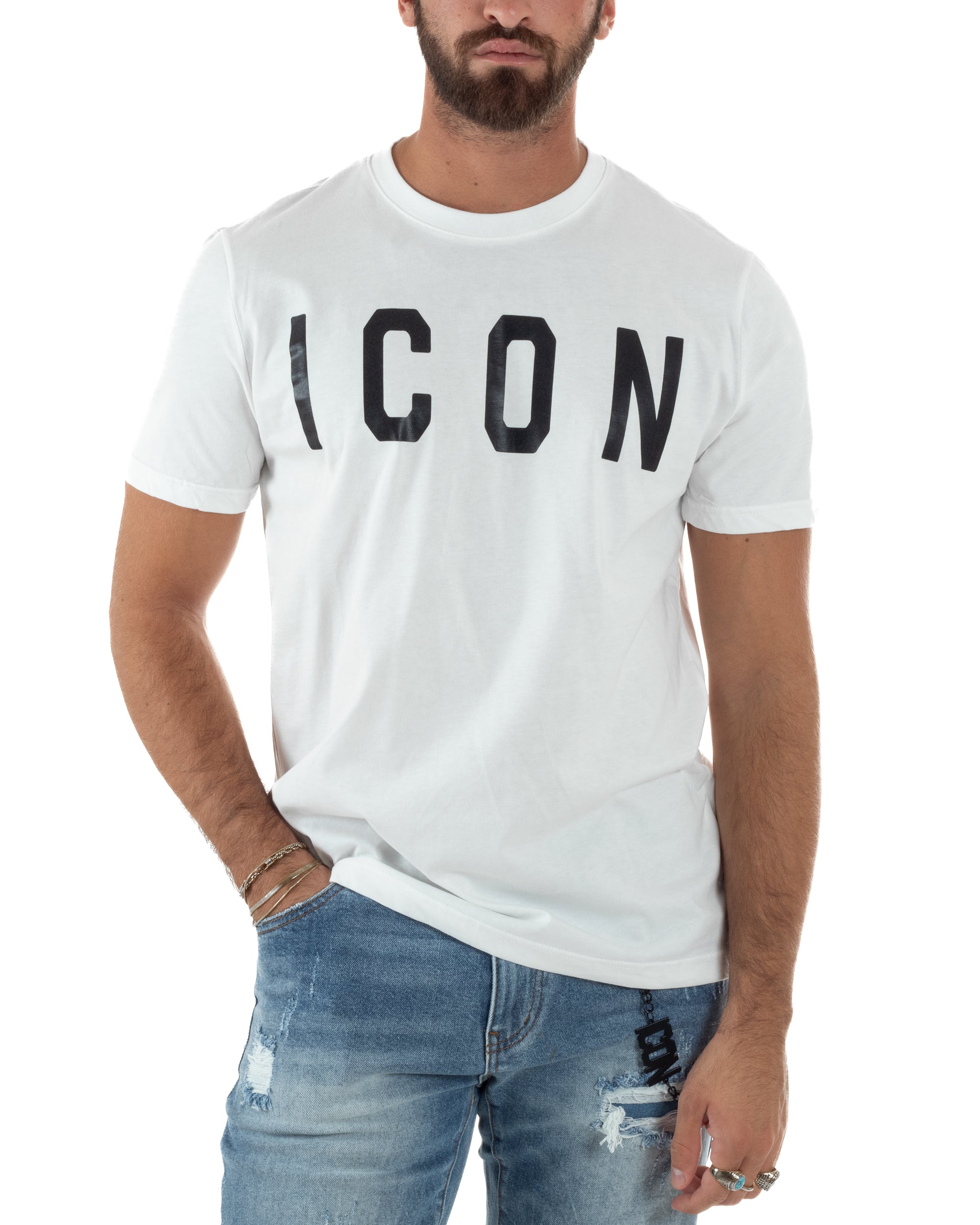 T-shirt Uomo Girocollo Stampa Basic Regular Fit Bianco ICON ICUF2W6T001