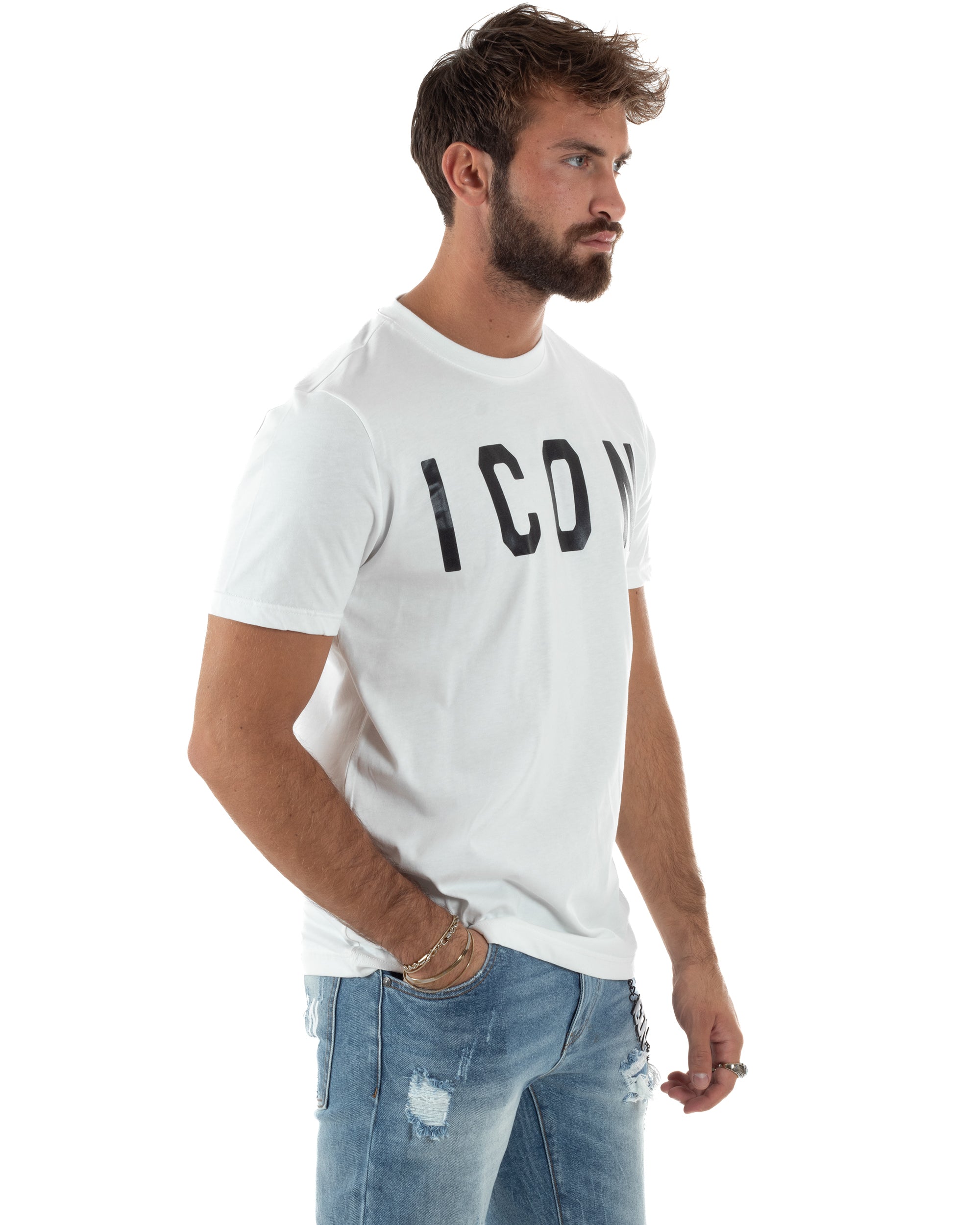T-shirt Uomo Girocollo Stampa Basic Regular Fit Bianco ICON ICUF2W6T001