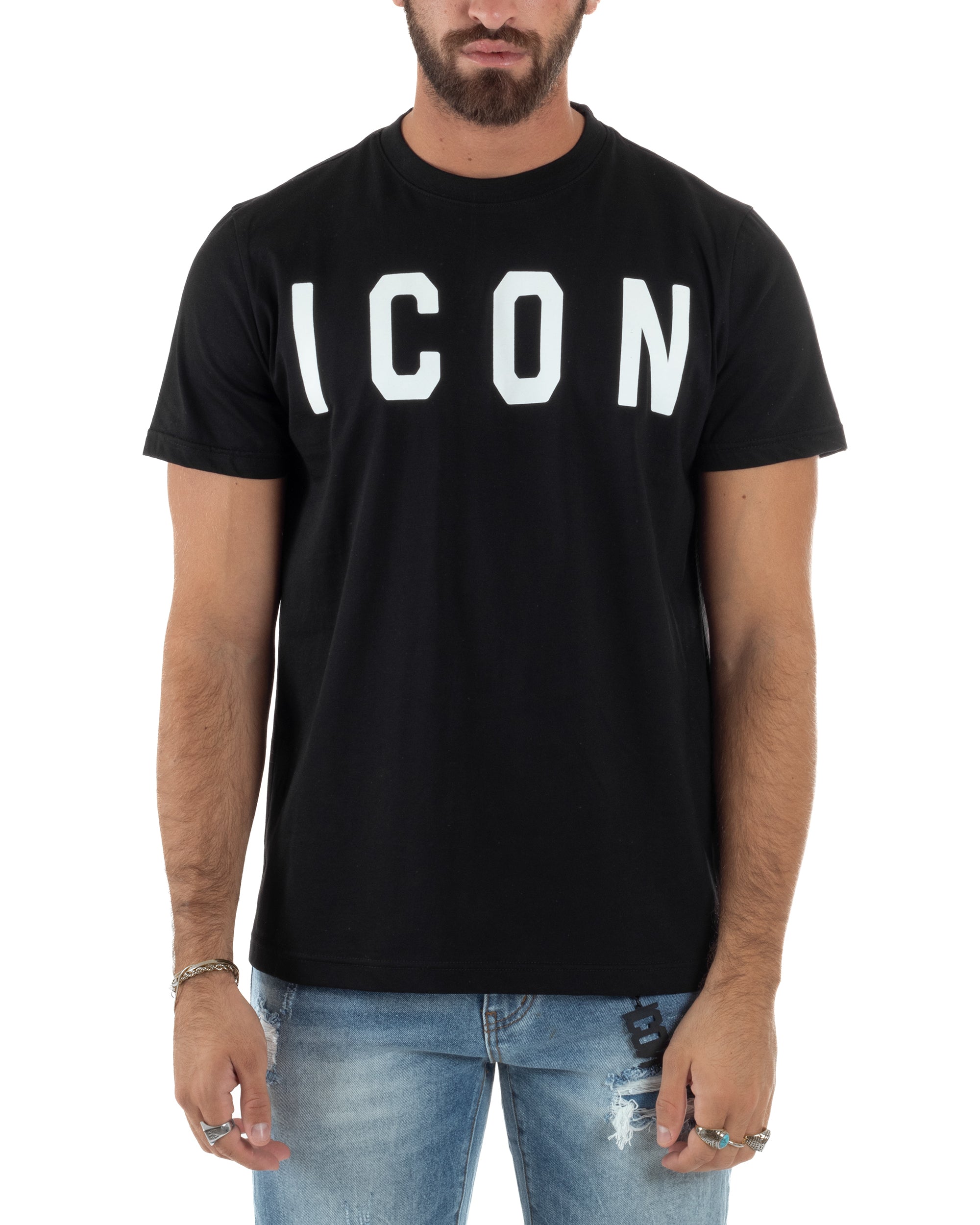 T-shirt Uomo Girocollo Stampa Basic Regular Fit Nero ICON ICUF2W6T001