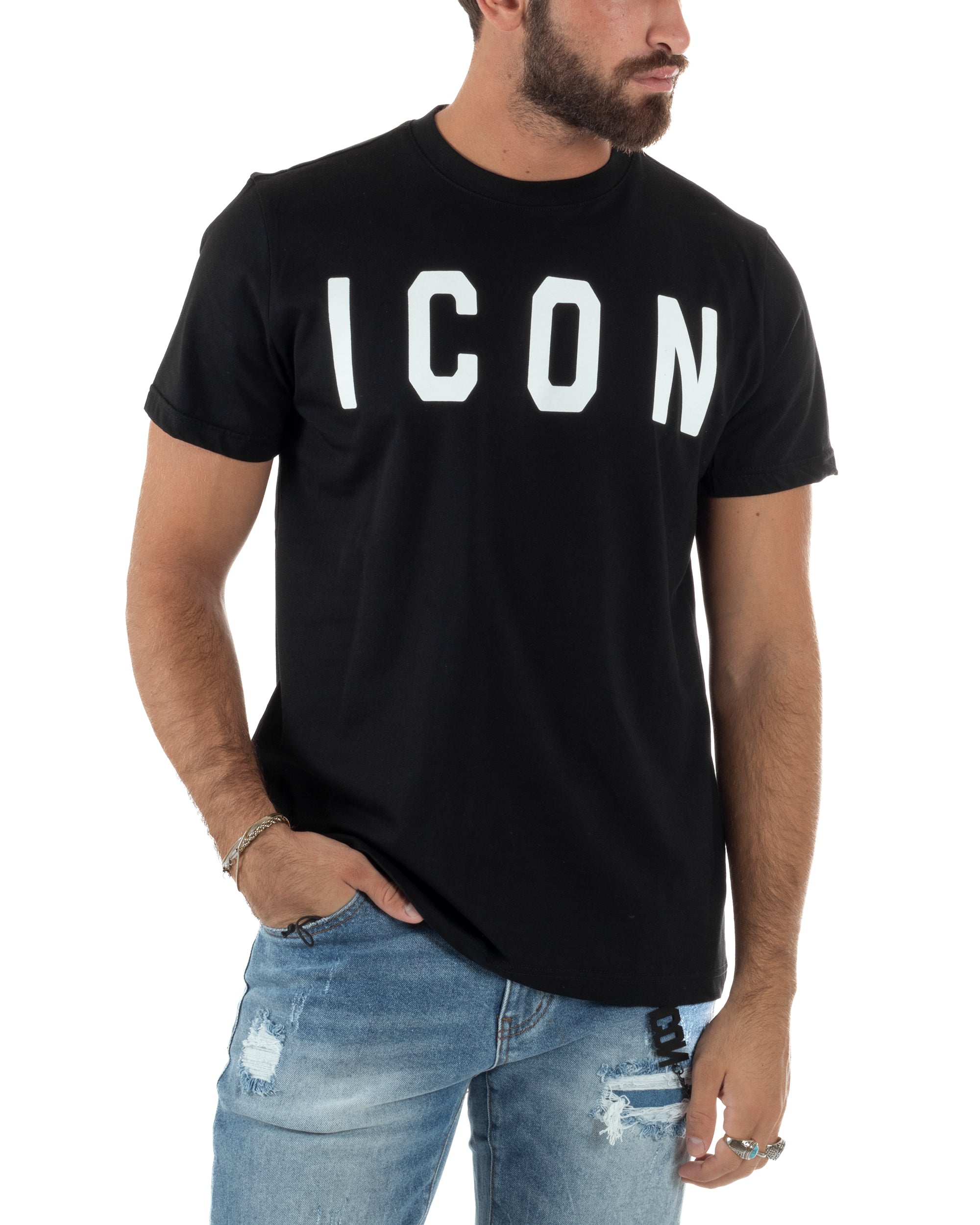T-shirt Uomo Girocollo Stampa Basic Regular Fit Nero ICON ICUF2W6T001