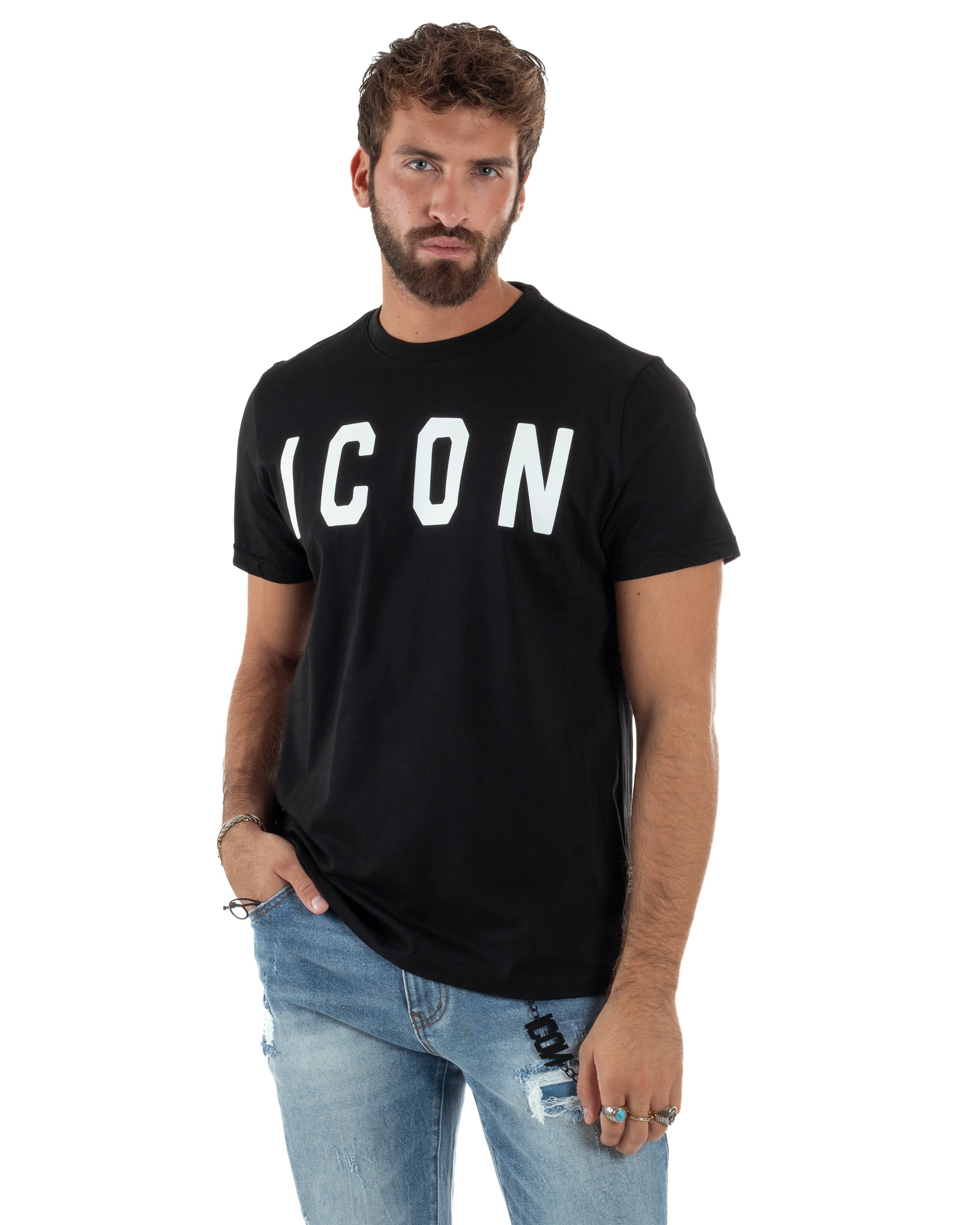 T-shirt Uomo Girocollo Stampa Basic Regular Fit Nero ICON ICUF2W6T001