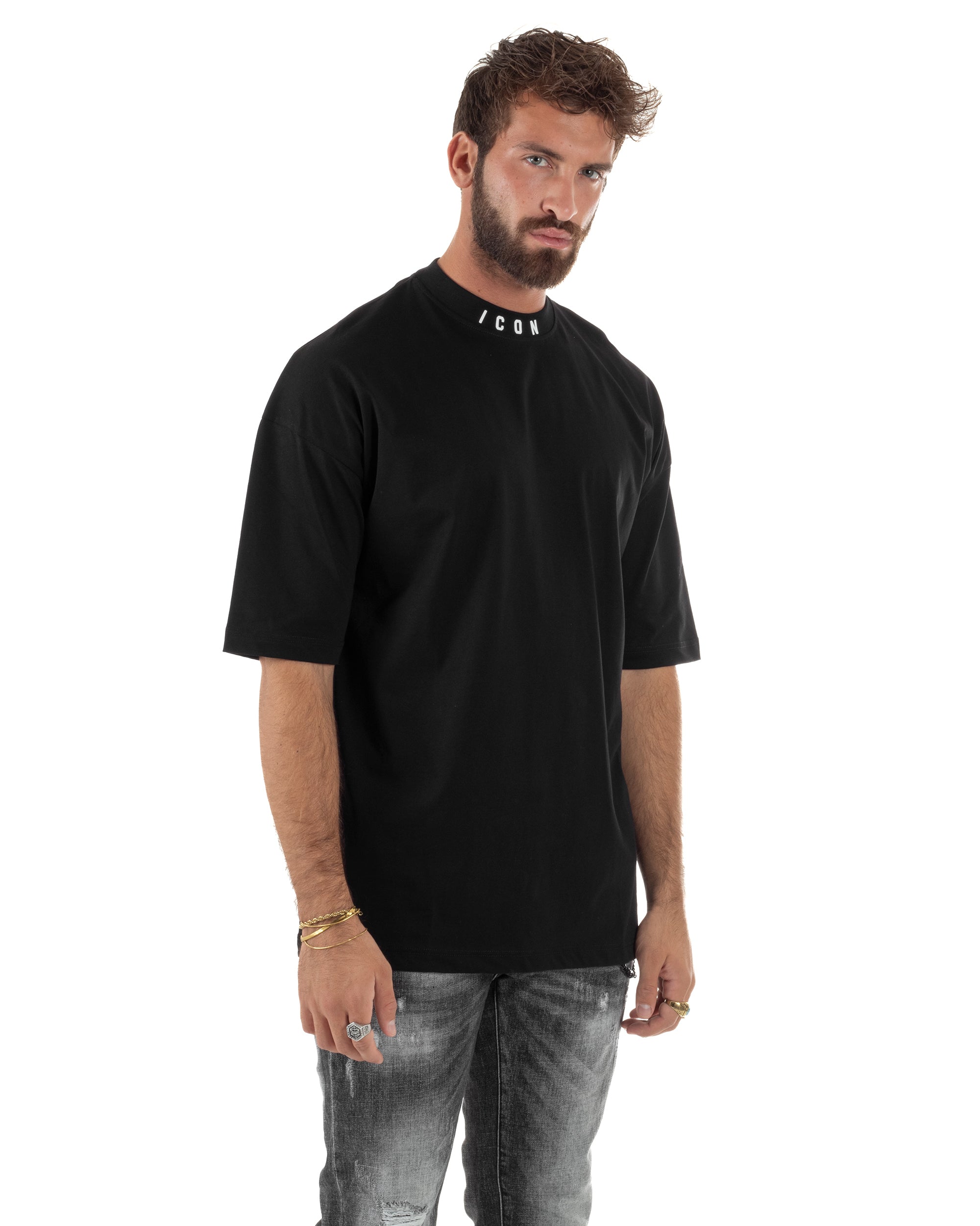 T-shirt Uomo Mezzo Collo Stampa Basic Oversize Gola Alta Nero ICON ICUF2W6T007