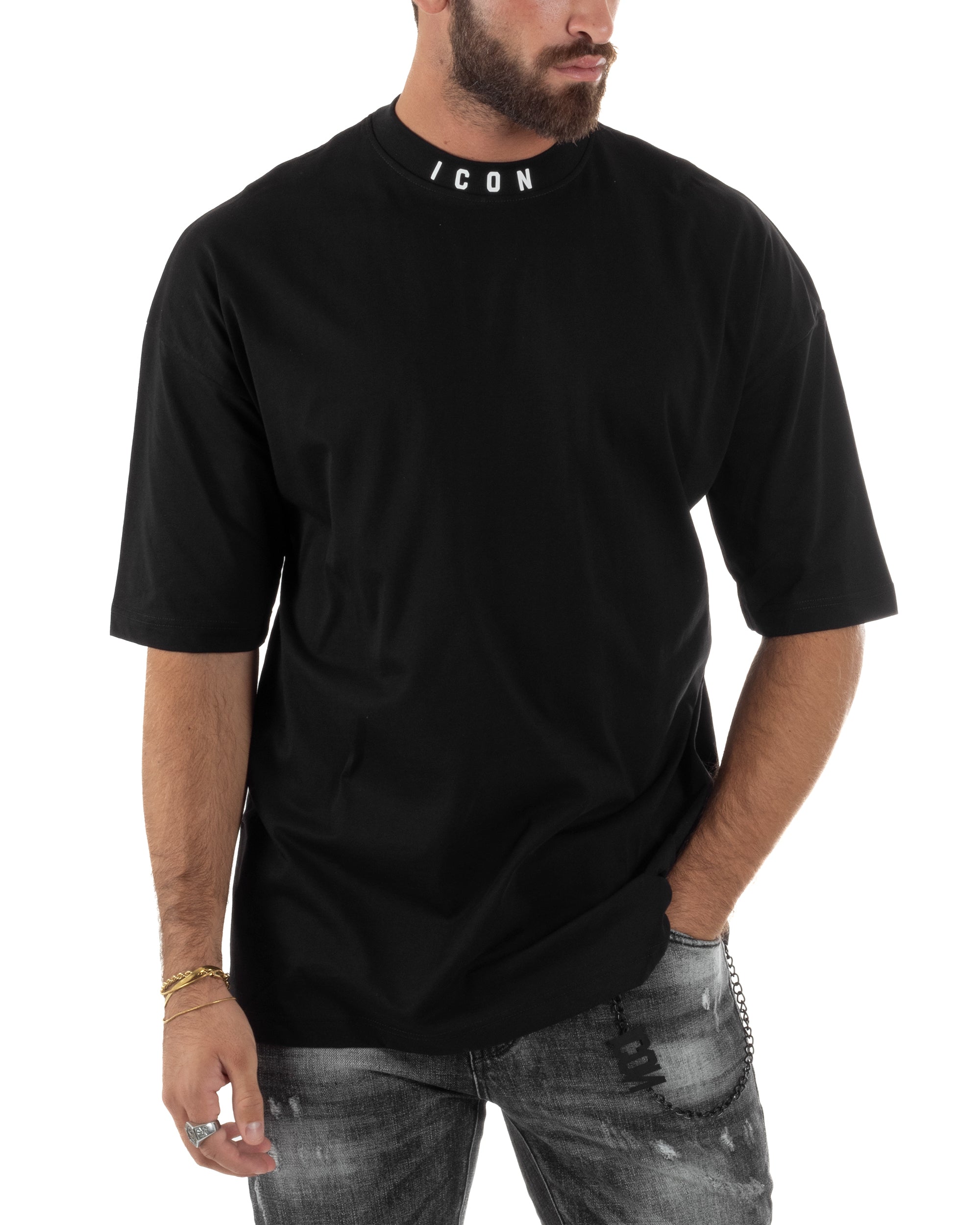 T-shirt Uomo Mezzo Collo Stampa Basic Oversize Gola Alta Nero ICON ICUF2W6T007