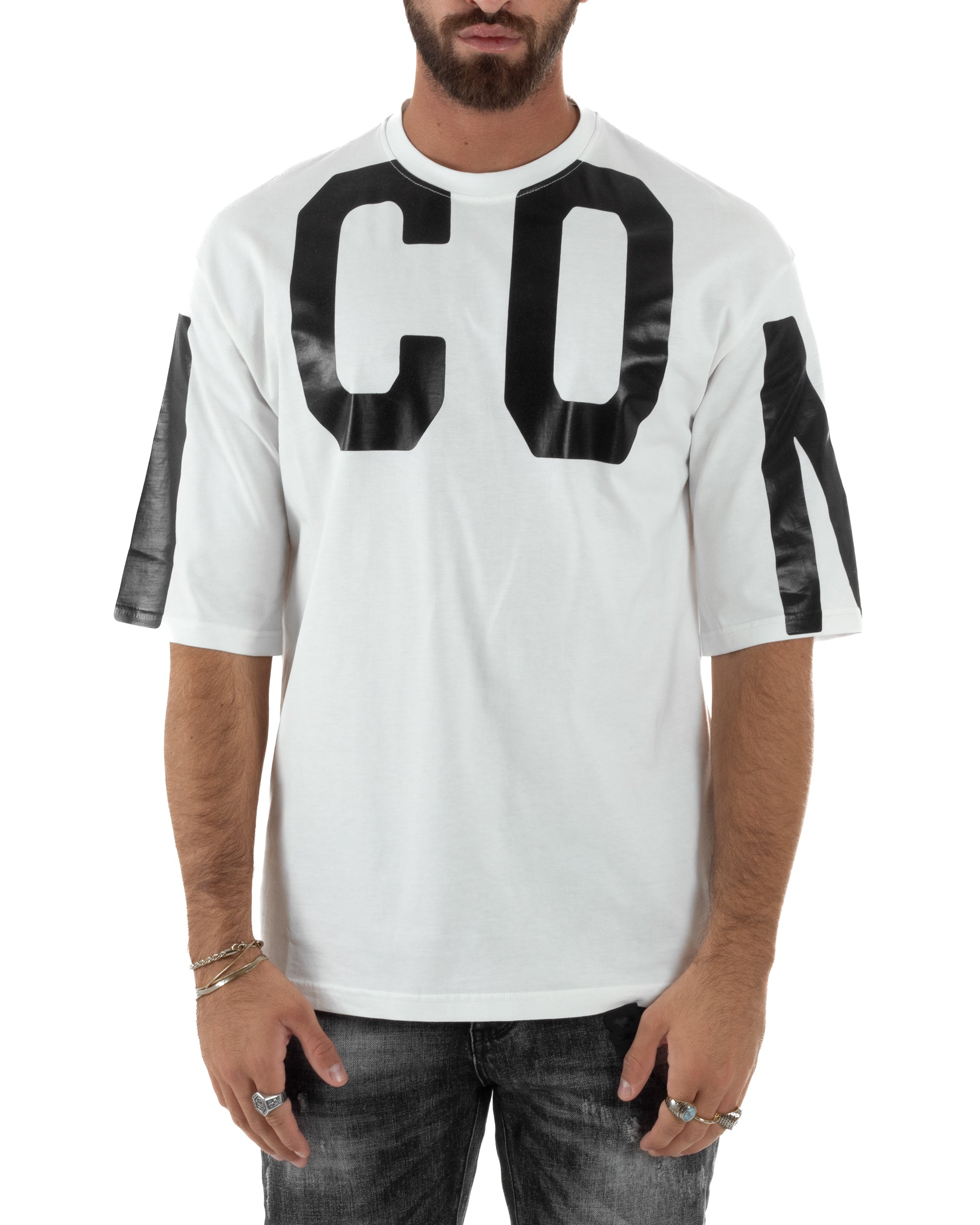 T-shirt Uomo Girocollo Stampa Basic Oversize Bianco ICON ICUF2W6T006