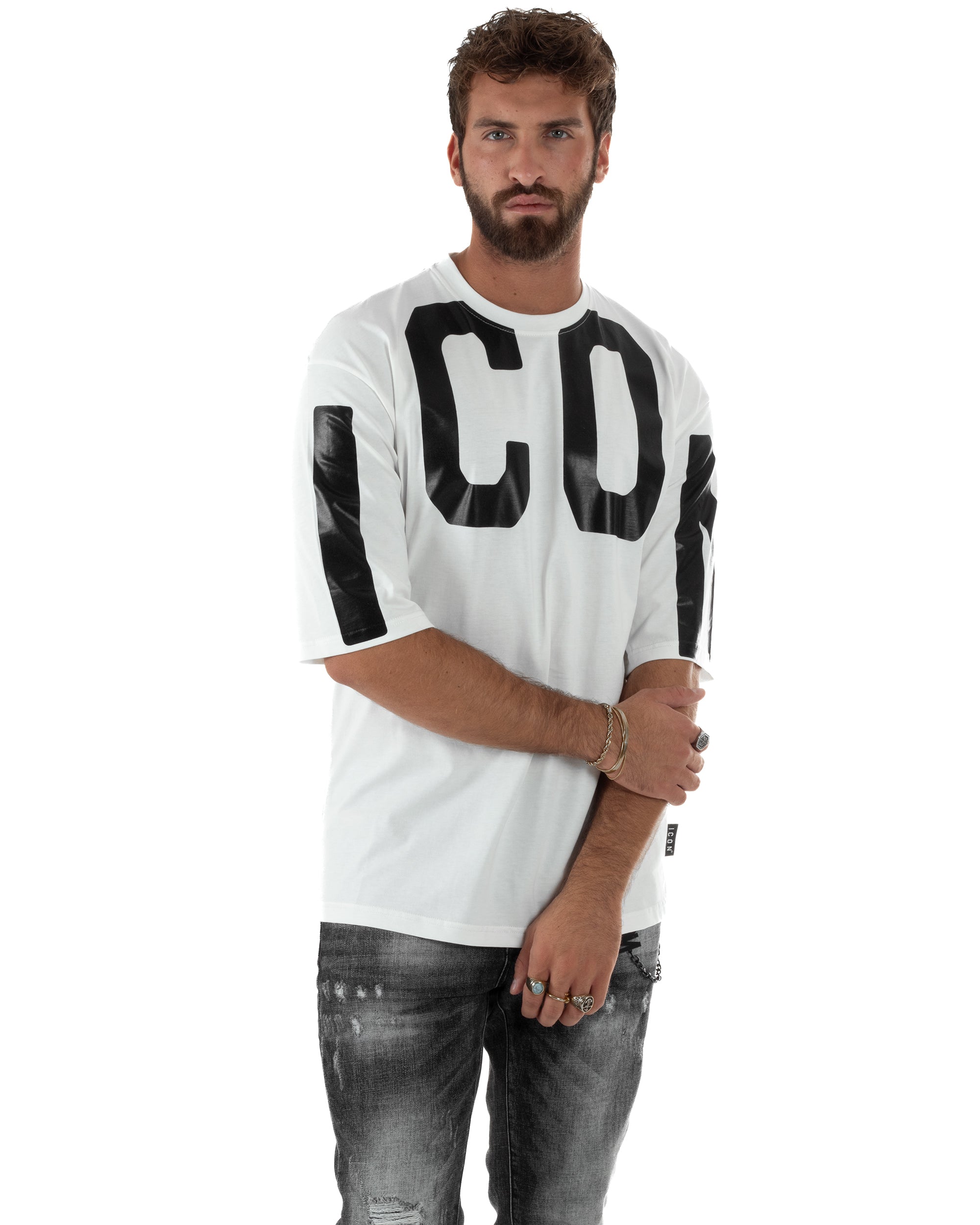 T-shirt Uomo Girocollo Stampa Basic Oversize Bianco ICON ICUF2W6T006