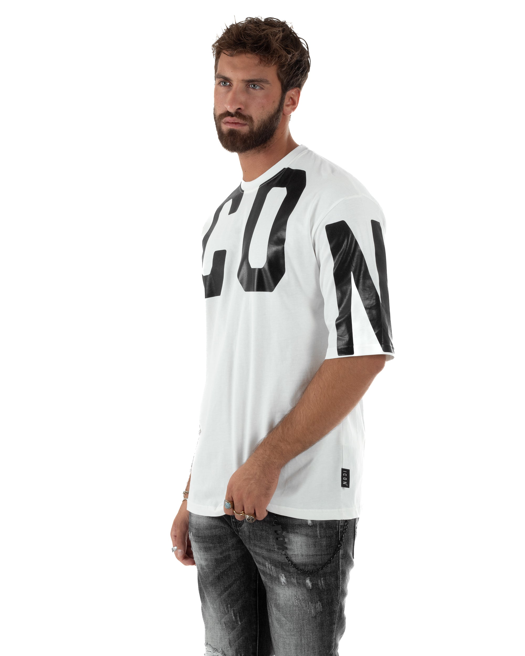 T-shirt Uomo Girocollo Stampa Basic Oversize Bianco ICON ICUF2W6T006