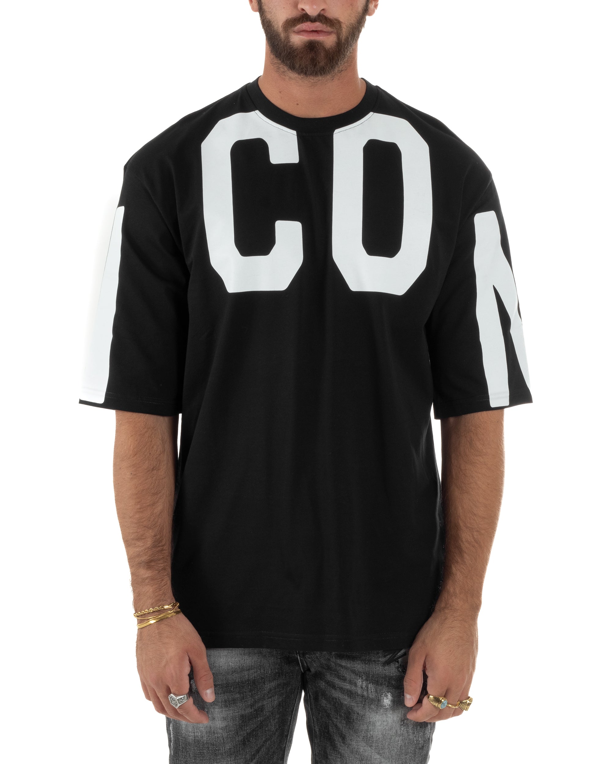 T-shirt Uomo Girocollo Stampa Basic Oversize Nero ICON ICUF2W6T006