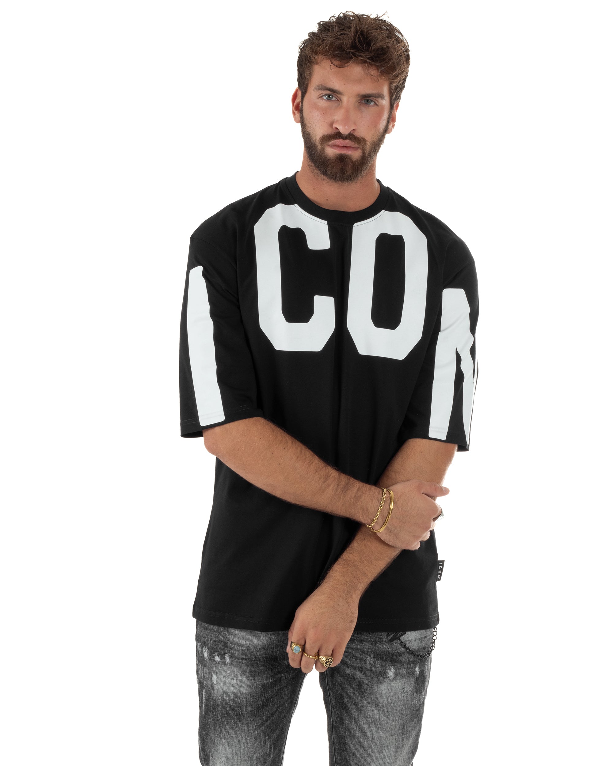 T-shirt Uomo Girocollo Stampa Basic Oversize Nero ICON ICUF2W6T006