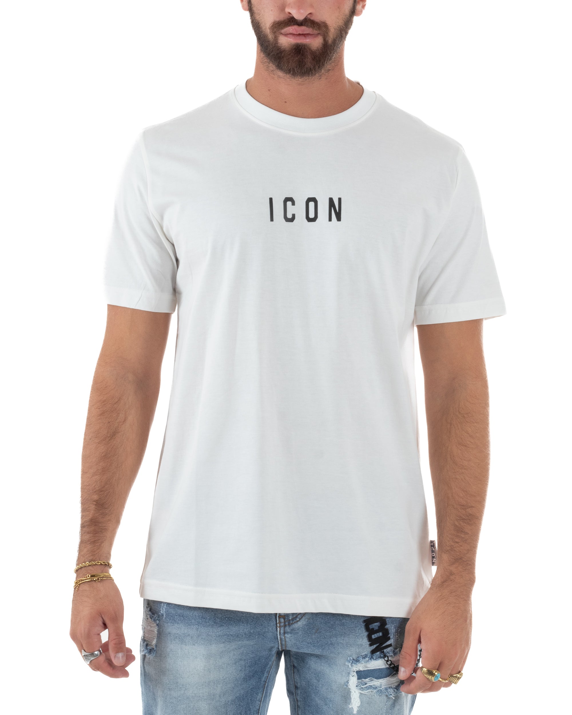 T-shirt Uomo Girocollo Regular Fit Stampa Basic Bianco ICON ICUF2W6T002