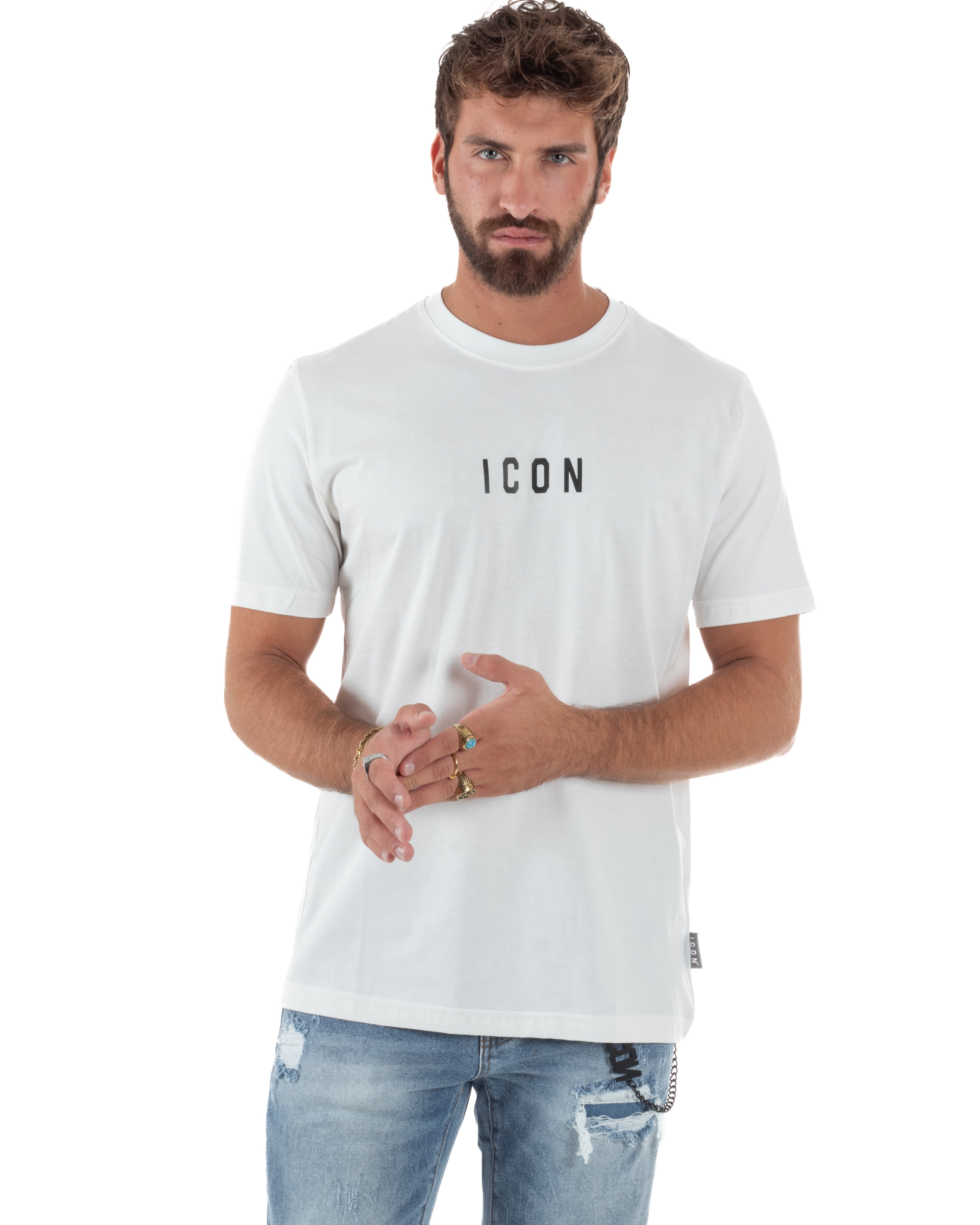 T-shirt Uomo Girocollo Regular Fit Stampa Basic Bianco ICON ICUF2W6T002
