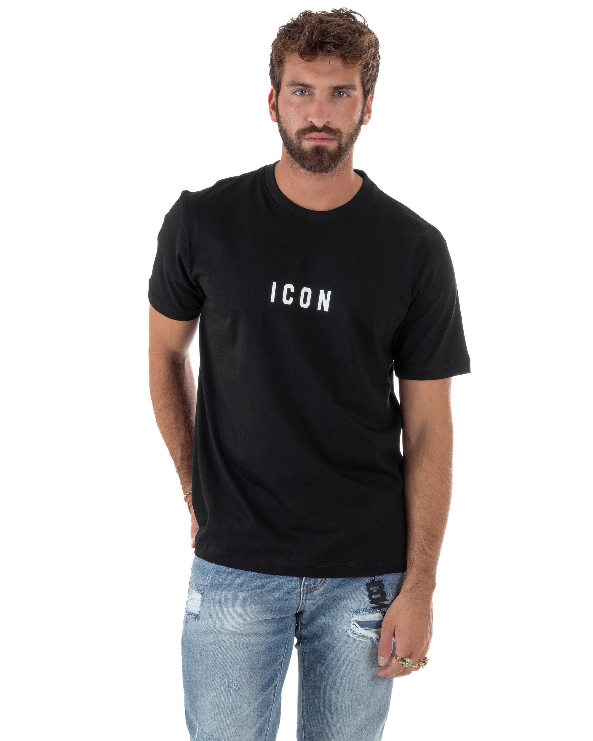 T-shirt Uomo Girocollo Regular Fit Stampa Basic Nero ICON ICUF2W6T002