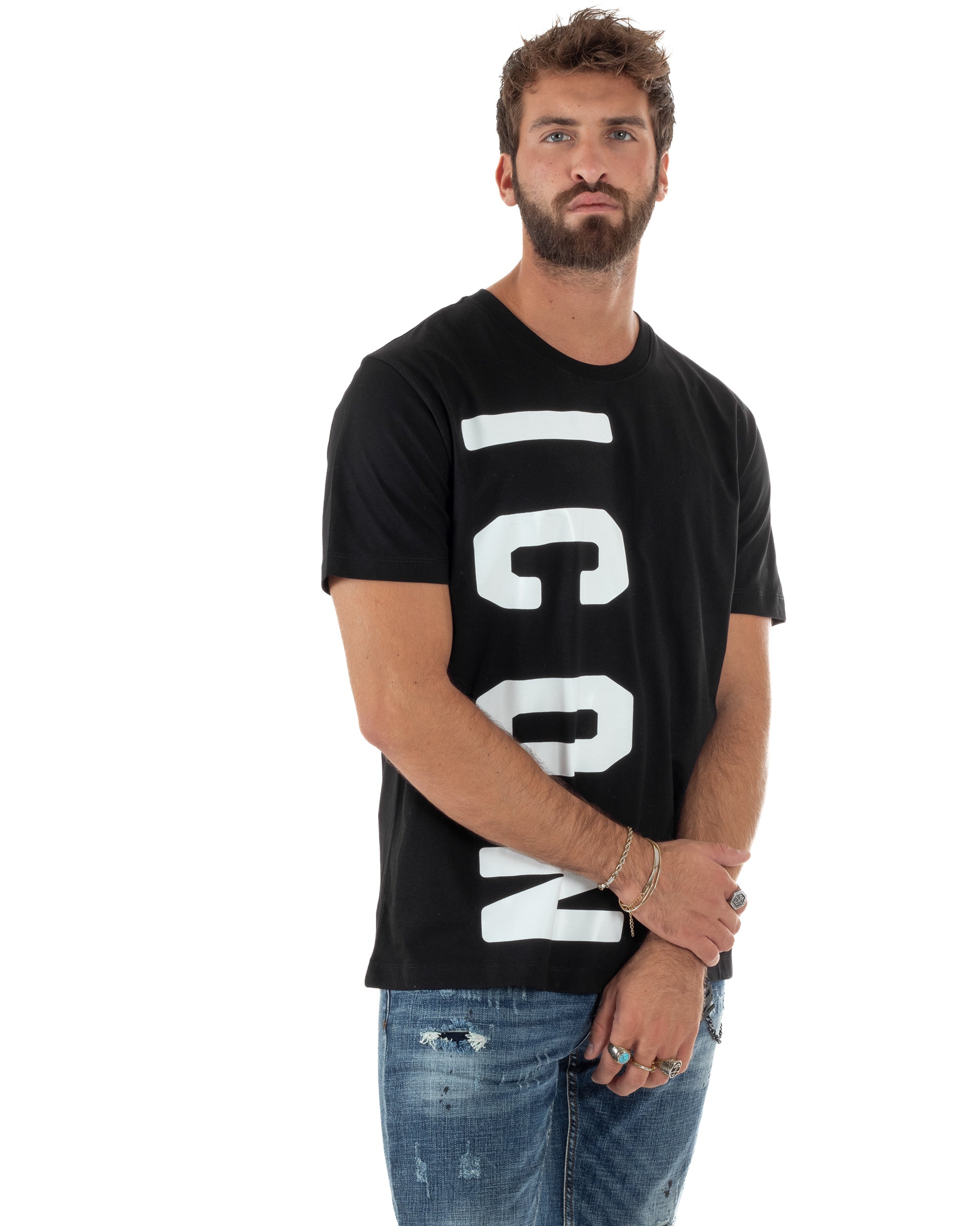 T-shirt Uomo Girocollo Stampa Basic Nero ICON ICUF2W6T004