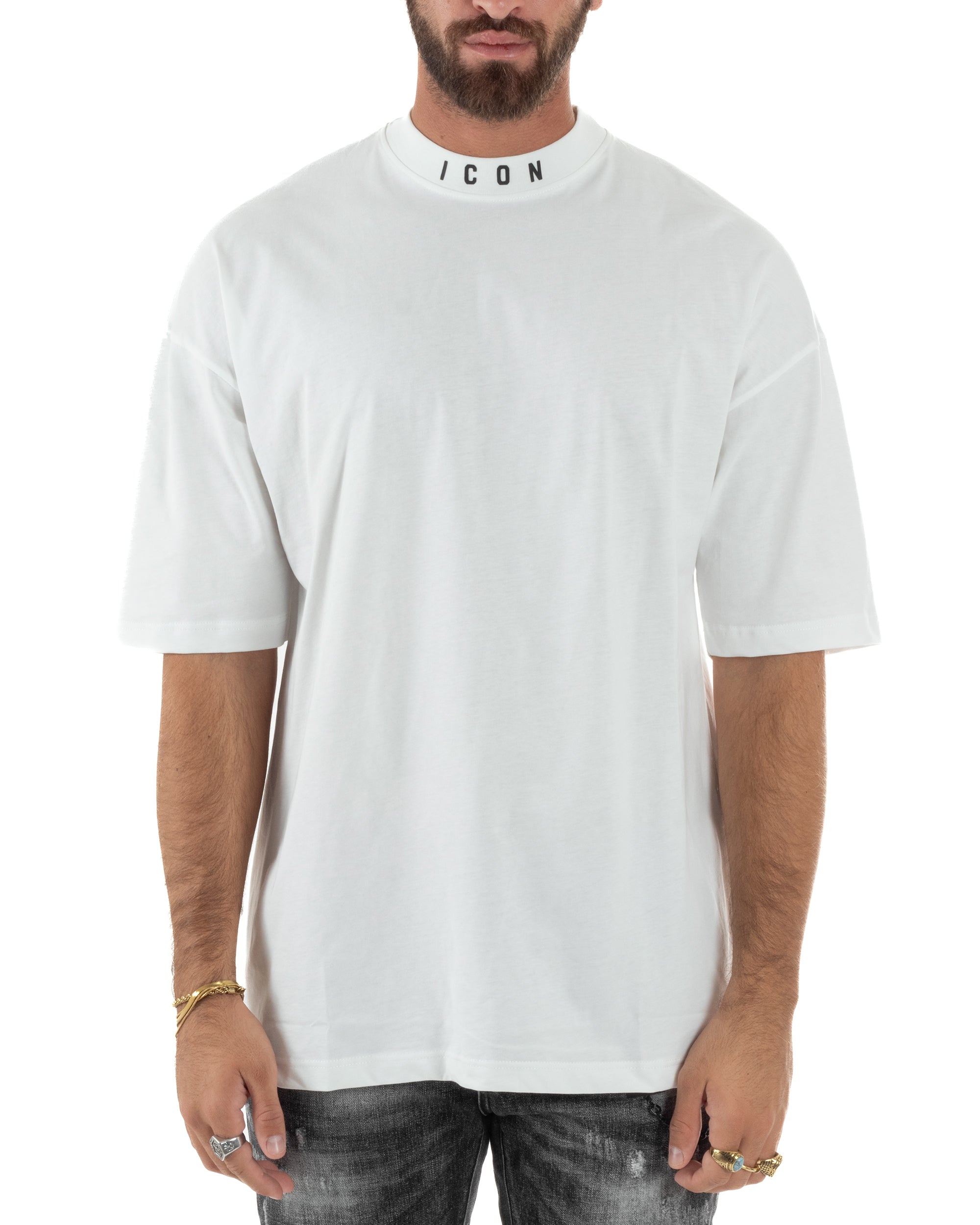T-shirt Uomo Mezzo Collo Stampa Basic Oversize Gola Alta Bianco ICON ICUF2W6T007