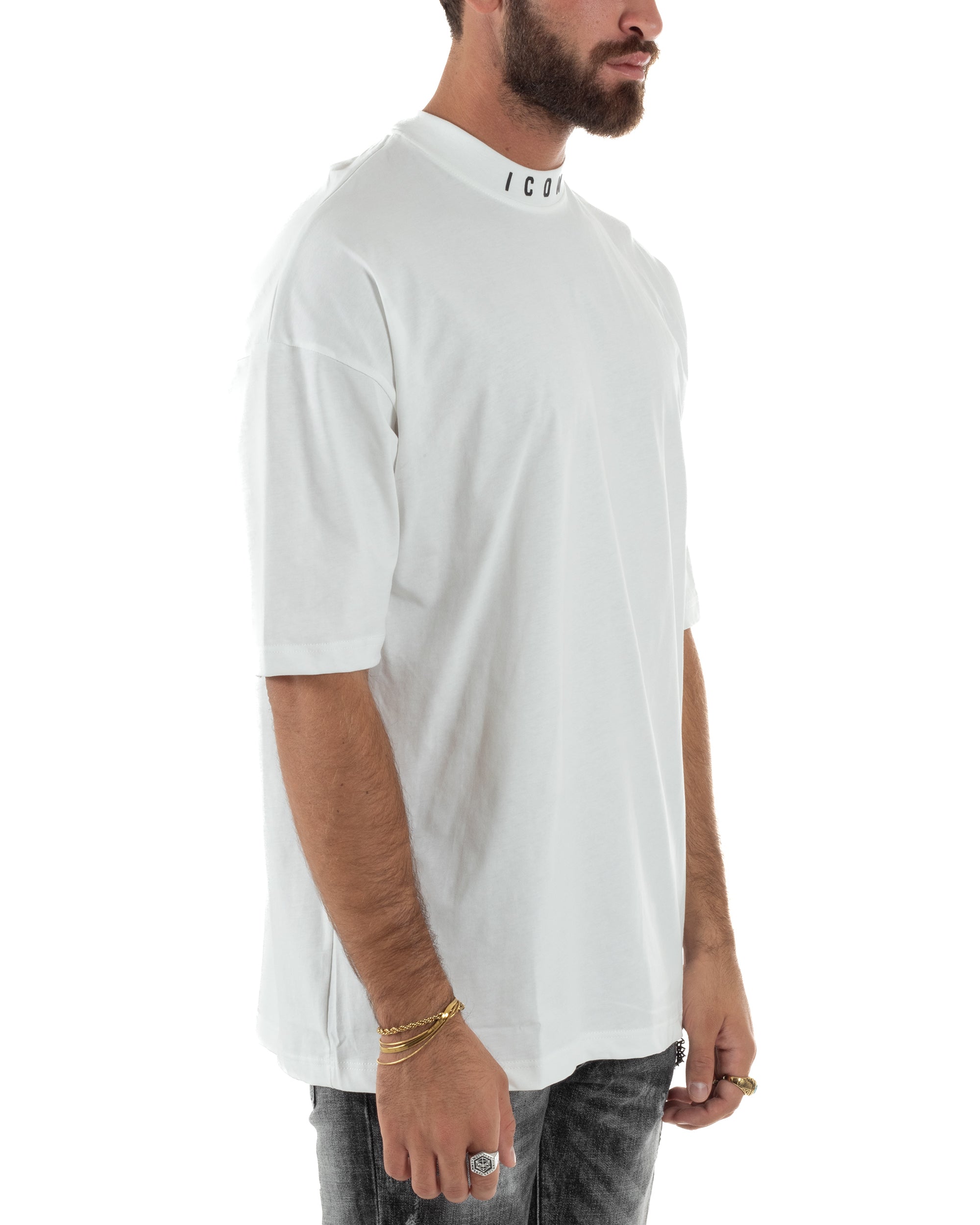 T-shirt Uomo Mezzo Collo Stampa Basic Oversize Gola Alta Bianco ICON ICUF2W6T007