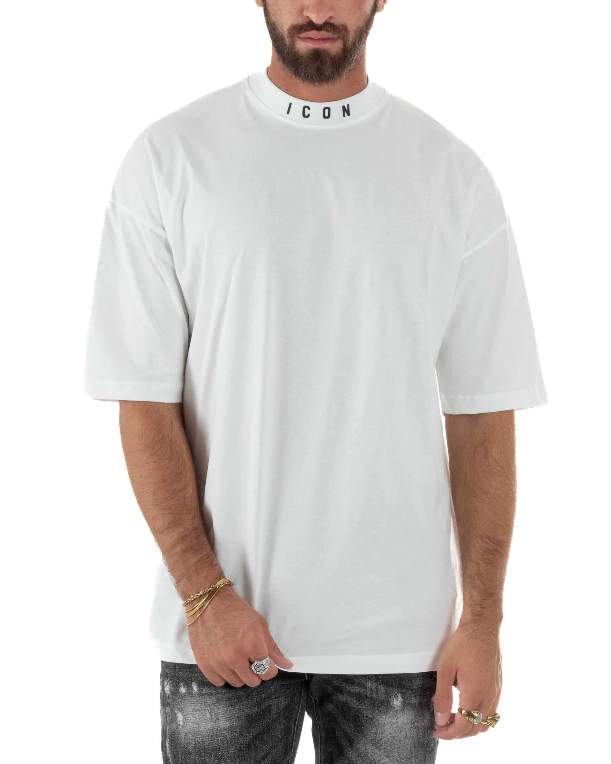 T-shirt Uomo Mezzo Collo Stampa Basic Oversize Gola Alta Bianco ICON ICUF2W6T007