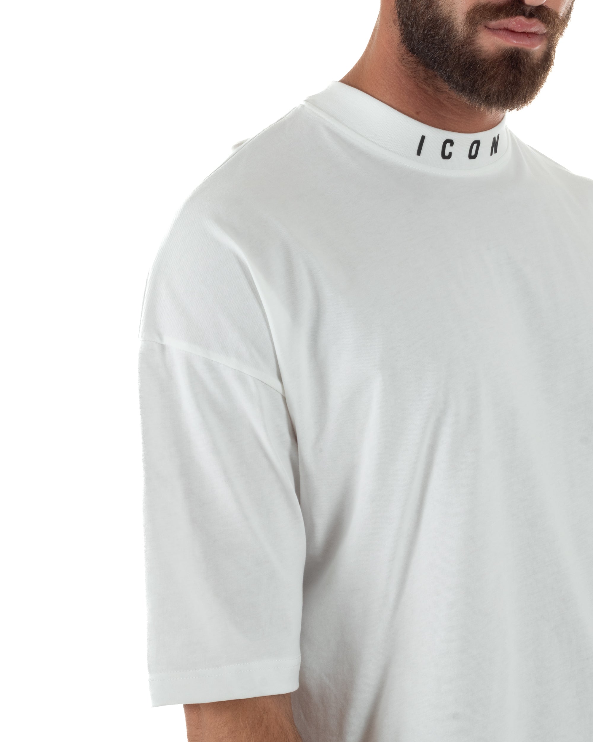 T-shirt Uomo Mezzo Collo Stampa Basic Oversize Gola Alta Bianco ICON ICUF2W6T007