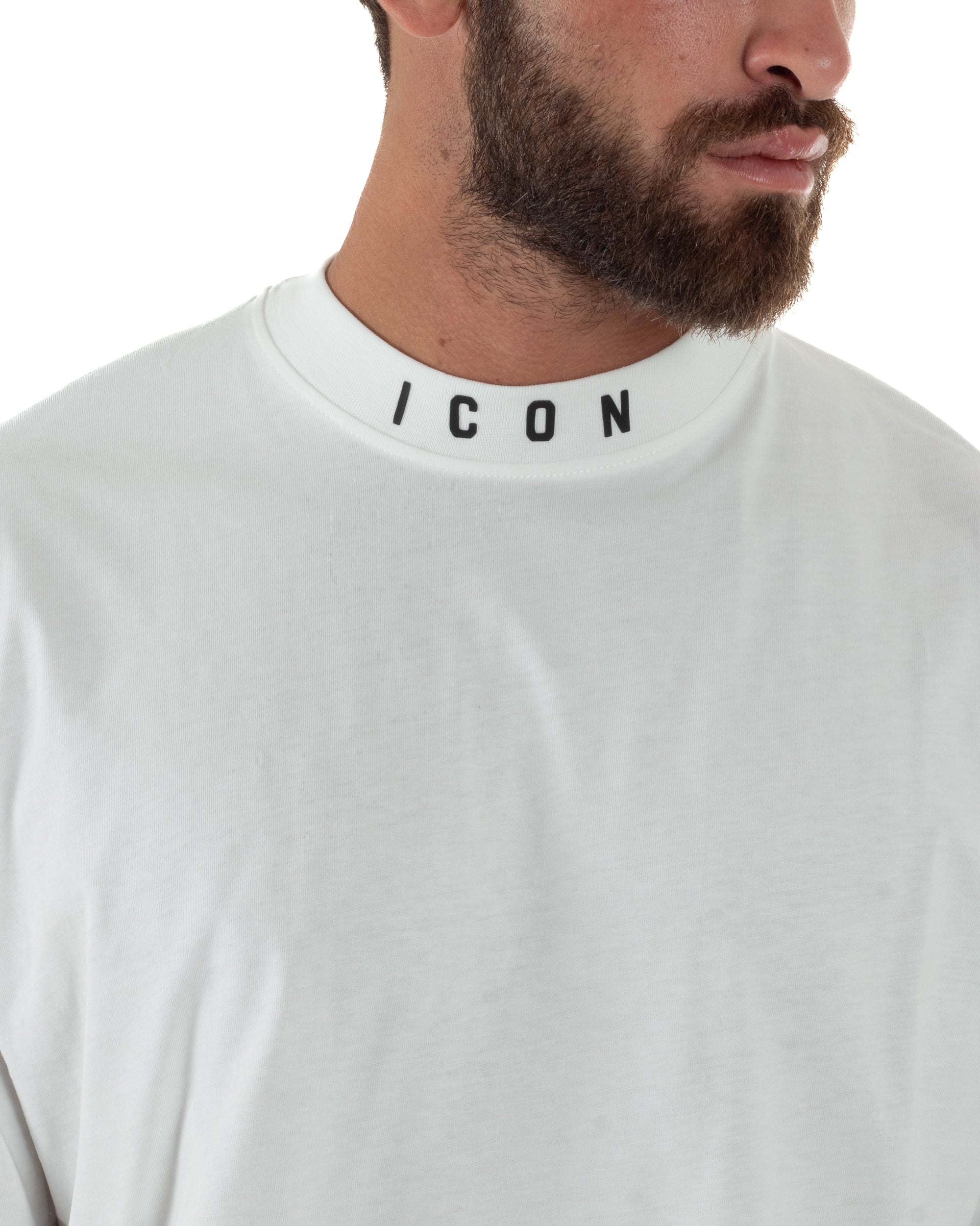 T-shirt Uomo Mezzo Collo Stampa Basic Oversize Gola Alta Bianco ICON ICUF2W6T007