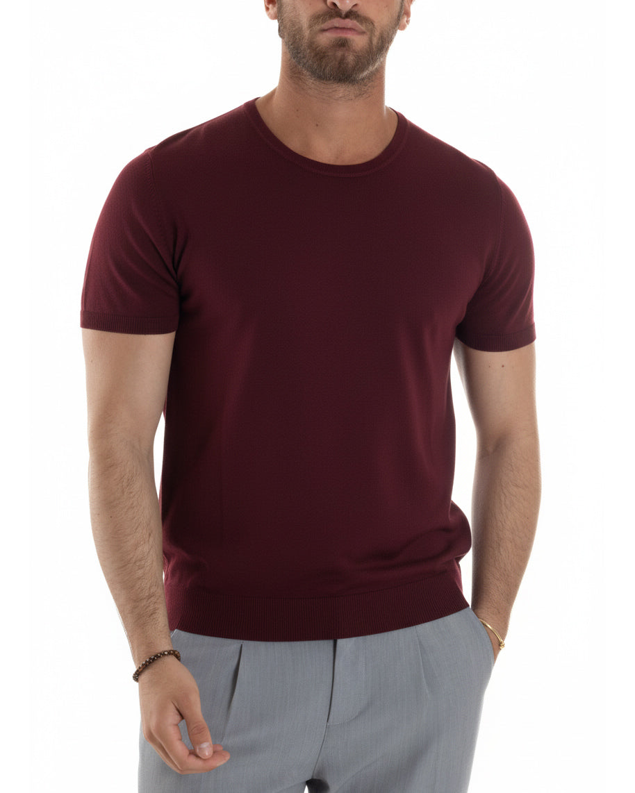 Vista frontale t-shirt bordeaux girocollo filo viscosa casual uomo