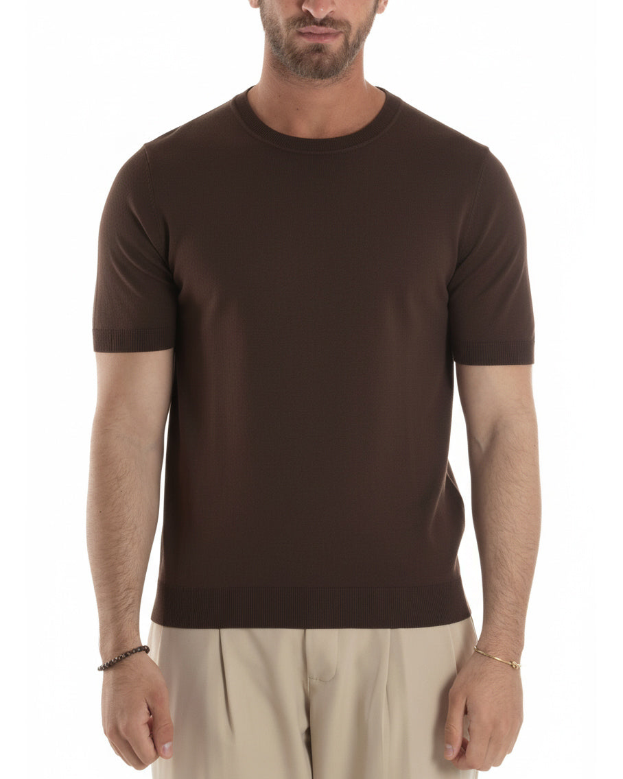Vista frontale t-shirt marrone girocollo filo viscosa casual uomo