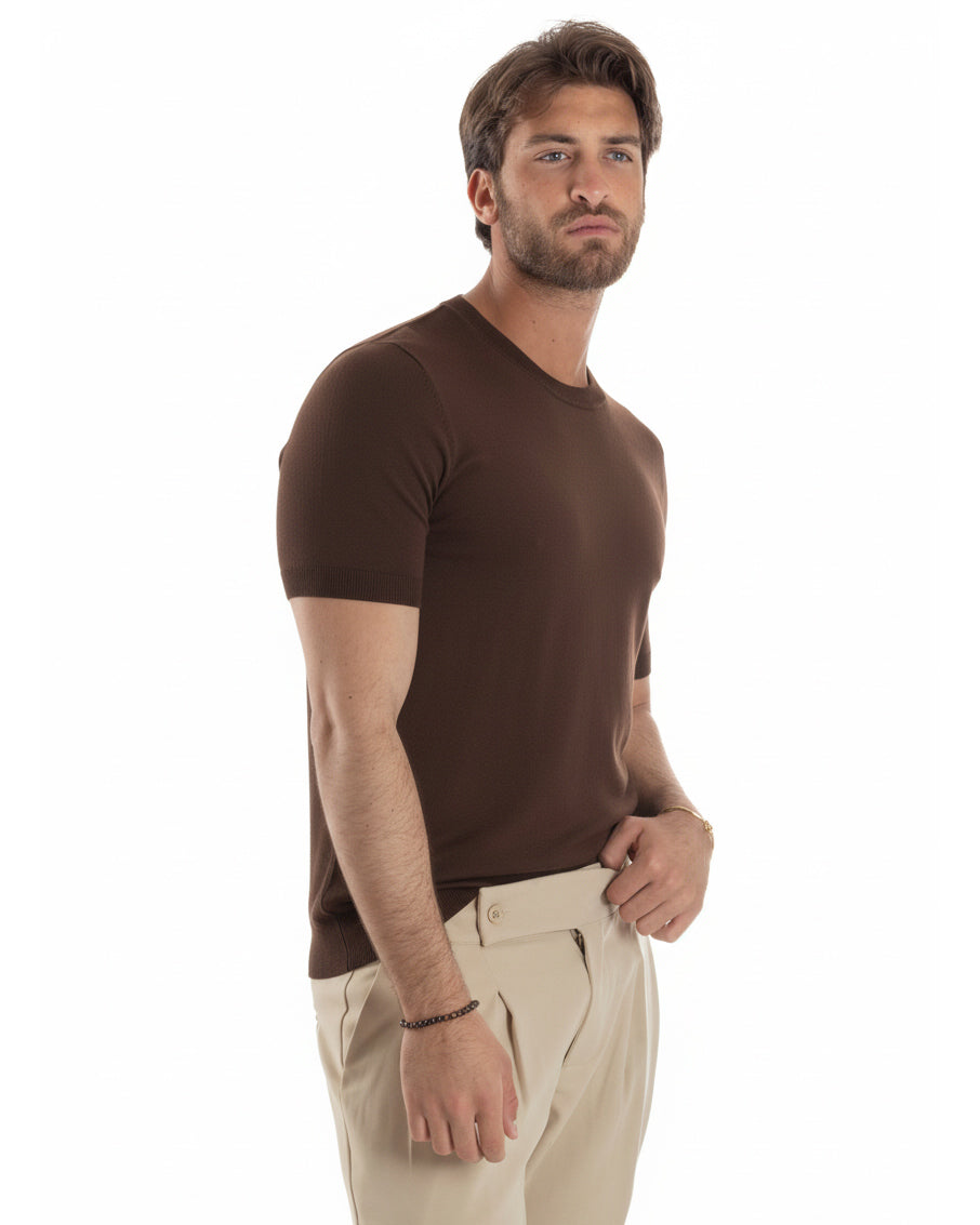 Vista completa t-shirt uomo marrone girocollo filo casual basic