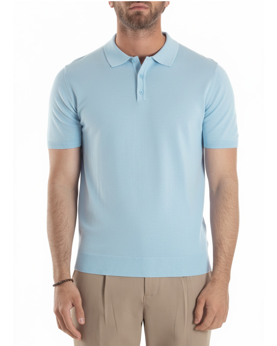 Vista completa polo uomo celeste filo maglia sottogiacca basic