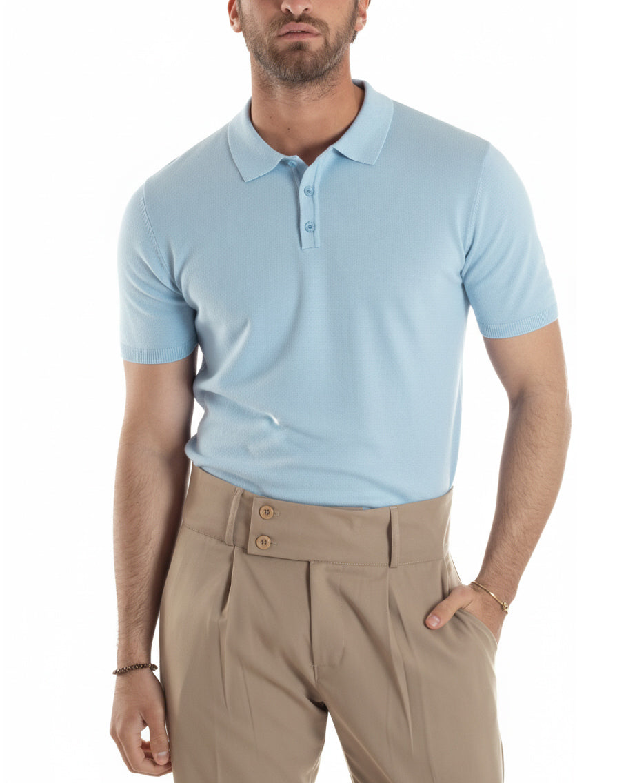Polo uomo celeste filo maglia con colletto a costine regular fit