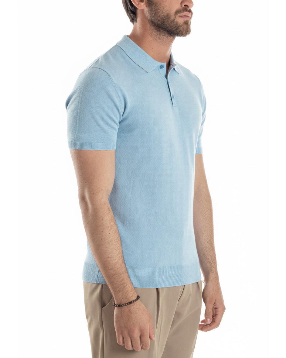 Vista laterale polo uomo celeste filo maglia leggera casual basic