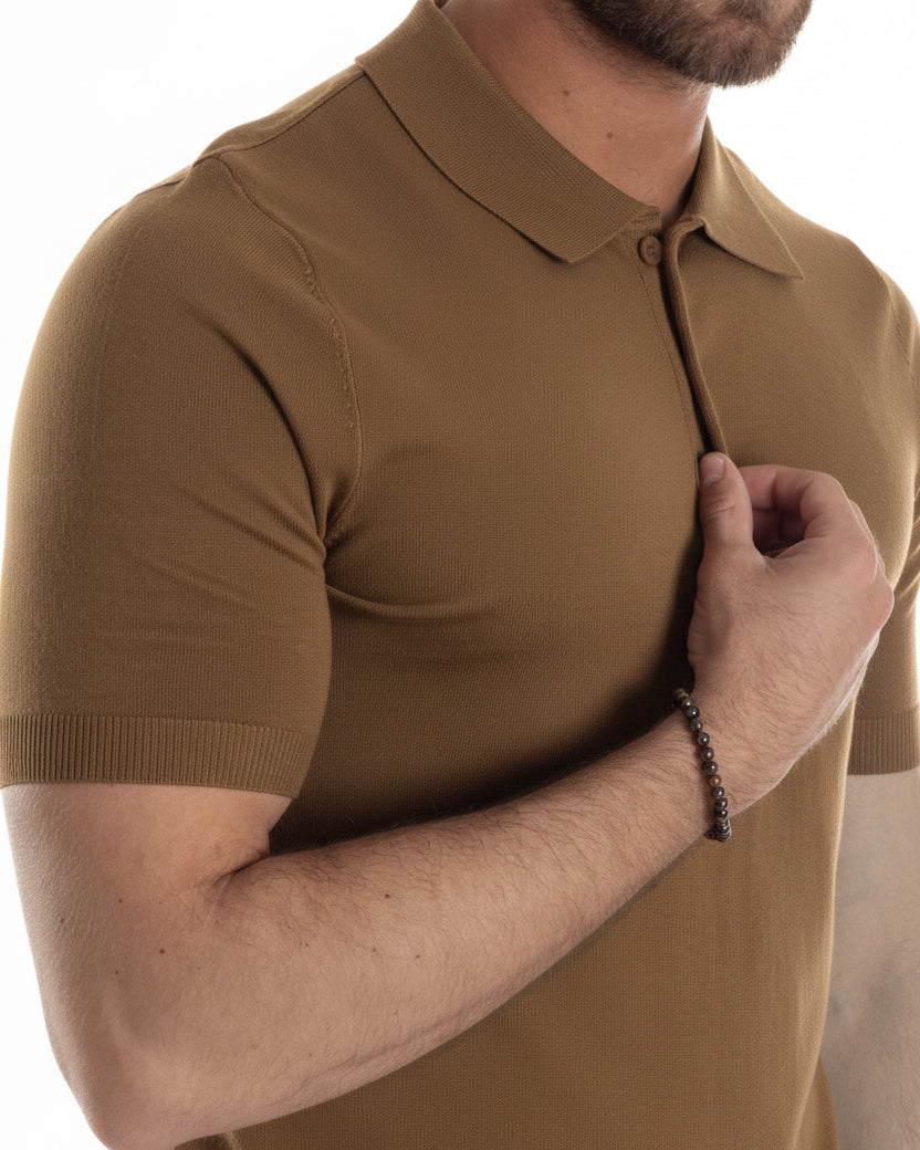 Dettaglio colletto a costine polo tabacco filo viscosa uomo