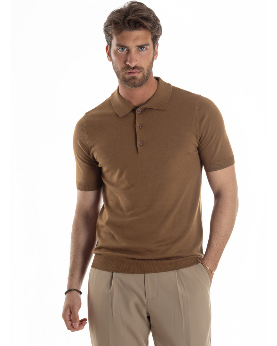 Vista frontale polo tabacco filo viscosa leggera sottogiacca uomo
