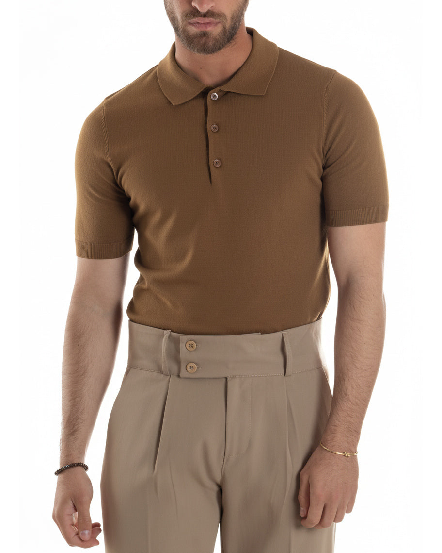 Polo uomo tabacco filo maglia con colletto a costine regular fit