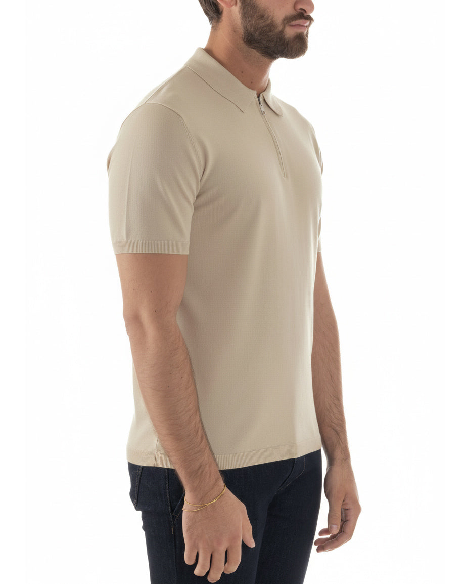Polo uomo filo maglia colletto con zip t-shirt sottogiacca leggera beige GIOSAL-TS3208A