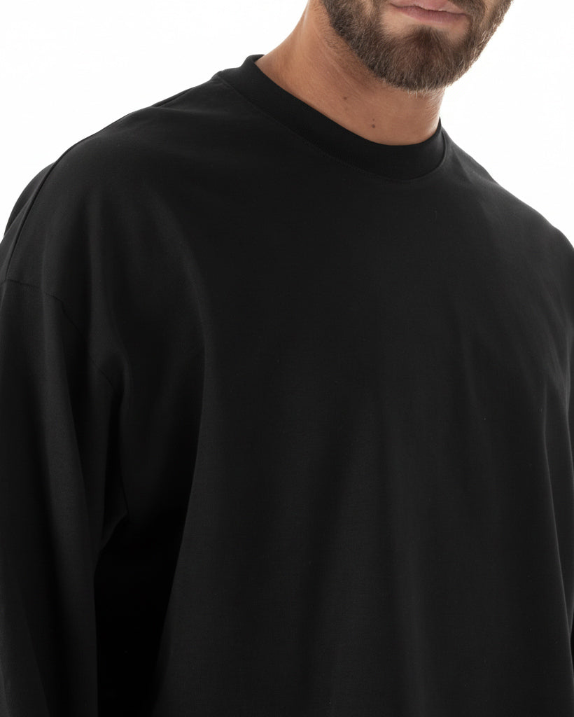 Vista completa t-shirt long sleeve uomo nero oversize 100% cotone made in Italy