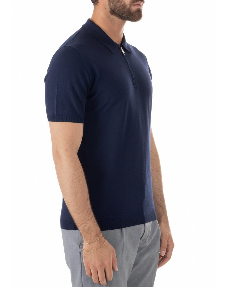 Vista laterale polo uomo blu filo maglia colletto zip regular fit