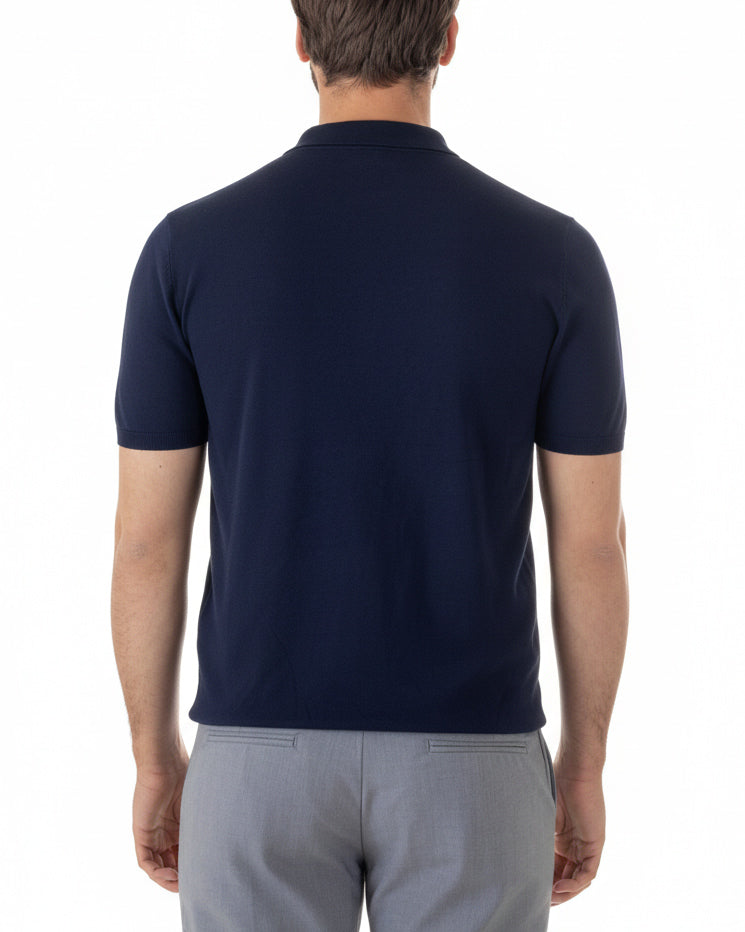 Vista posteriore polo uomo blu filo maglia colletto zip regular fit