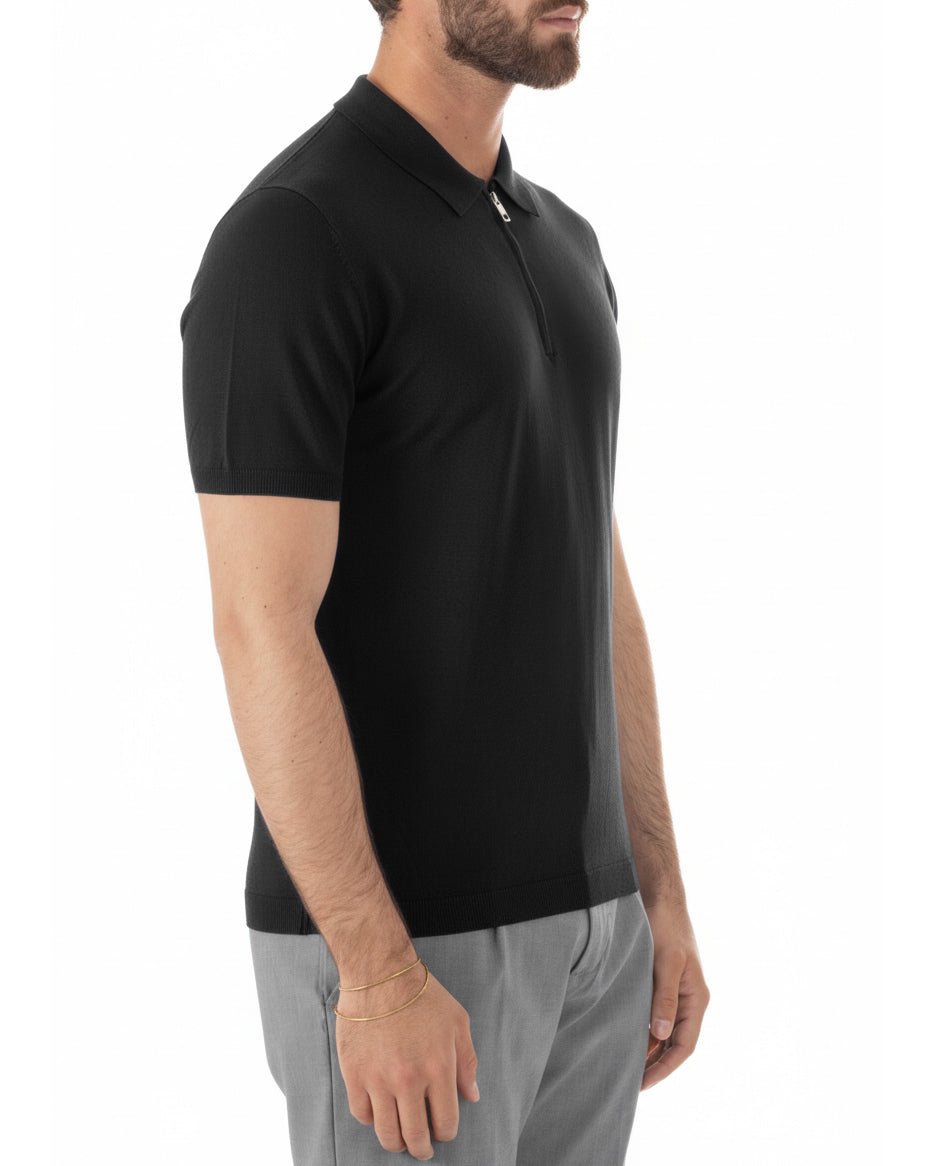 Vista completa polo uomo nero filo maglia colletto zip basic elegante