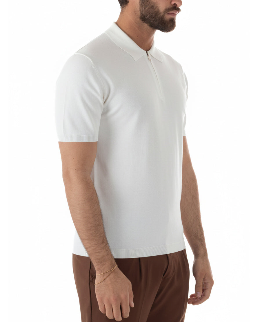 Vista completa polo uomo bianco filo maglia colletto zip basic elegante