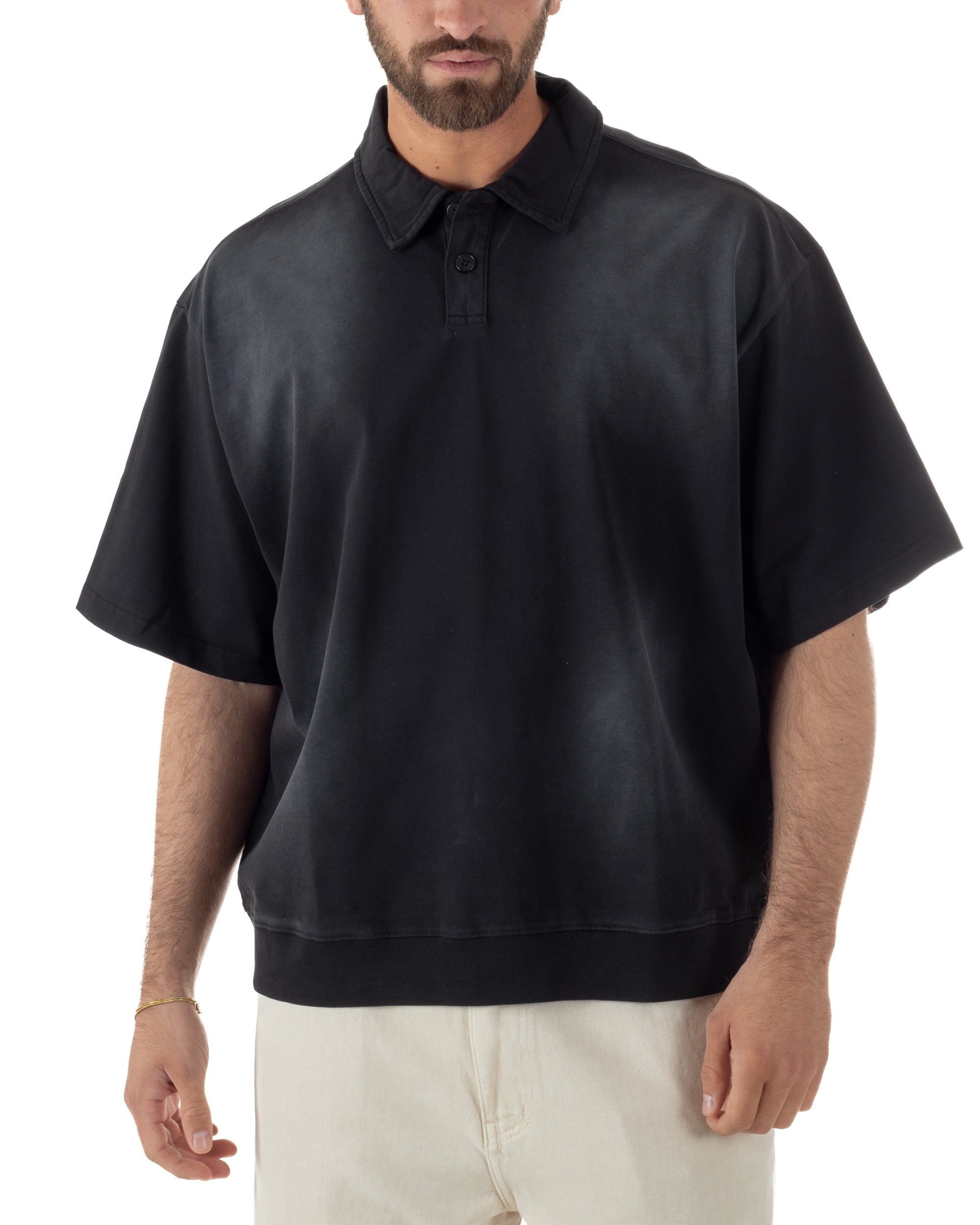 Polo uomo nero oversize washed colletto bottoni spalle dropped cotone