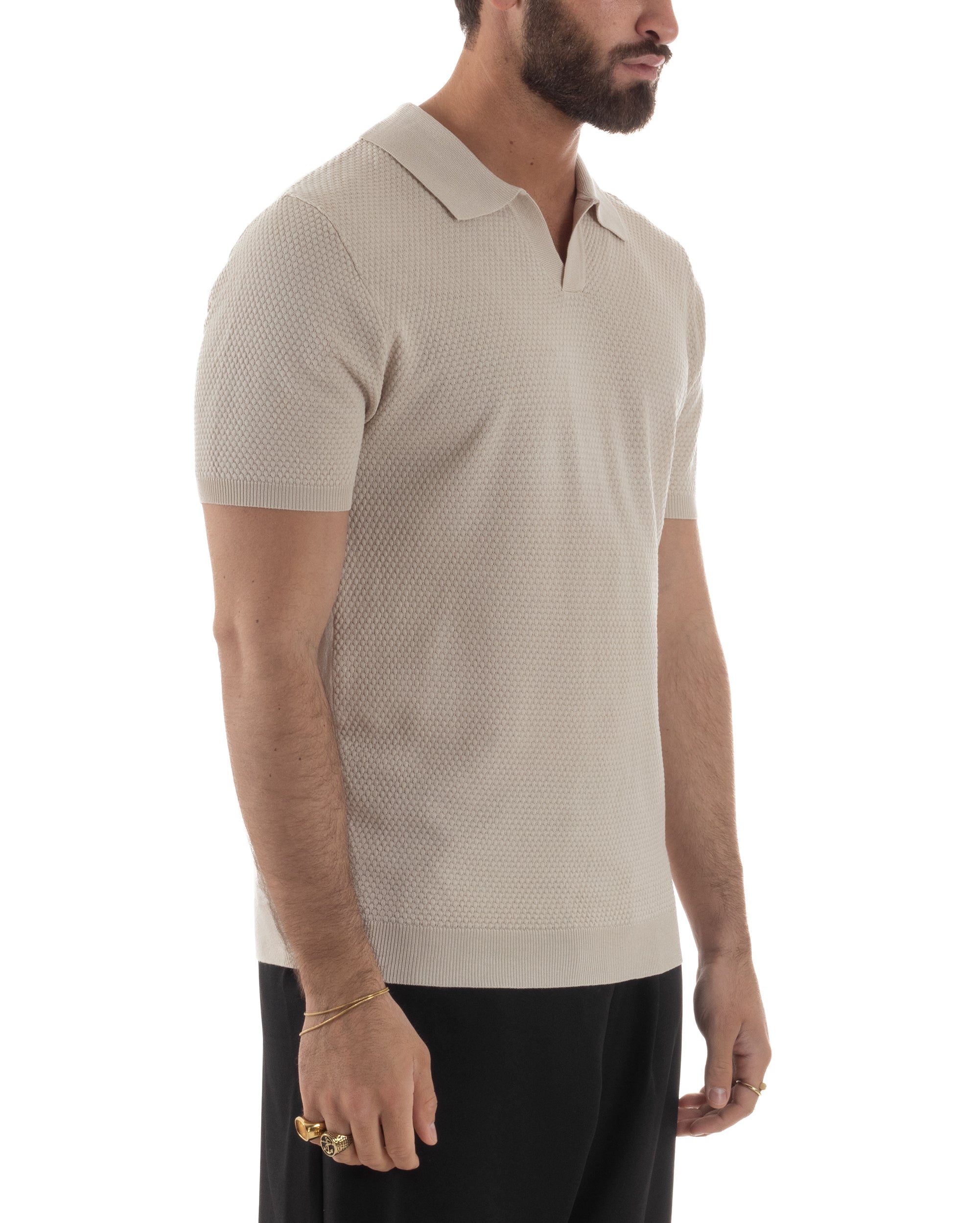Polo uomo filo maglia traforata colletto t-shirt sottogiacca scollo v beige GIOSAL-TS3214A