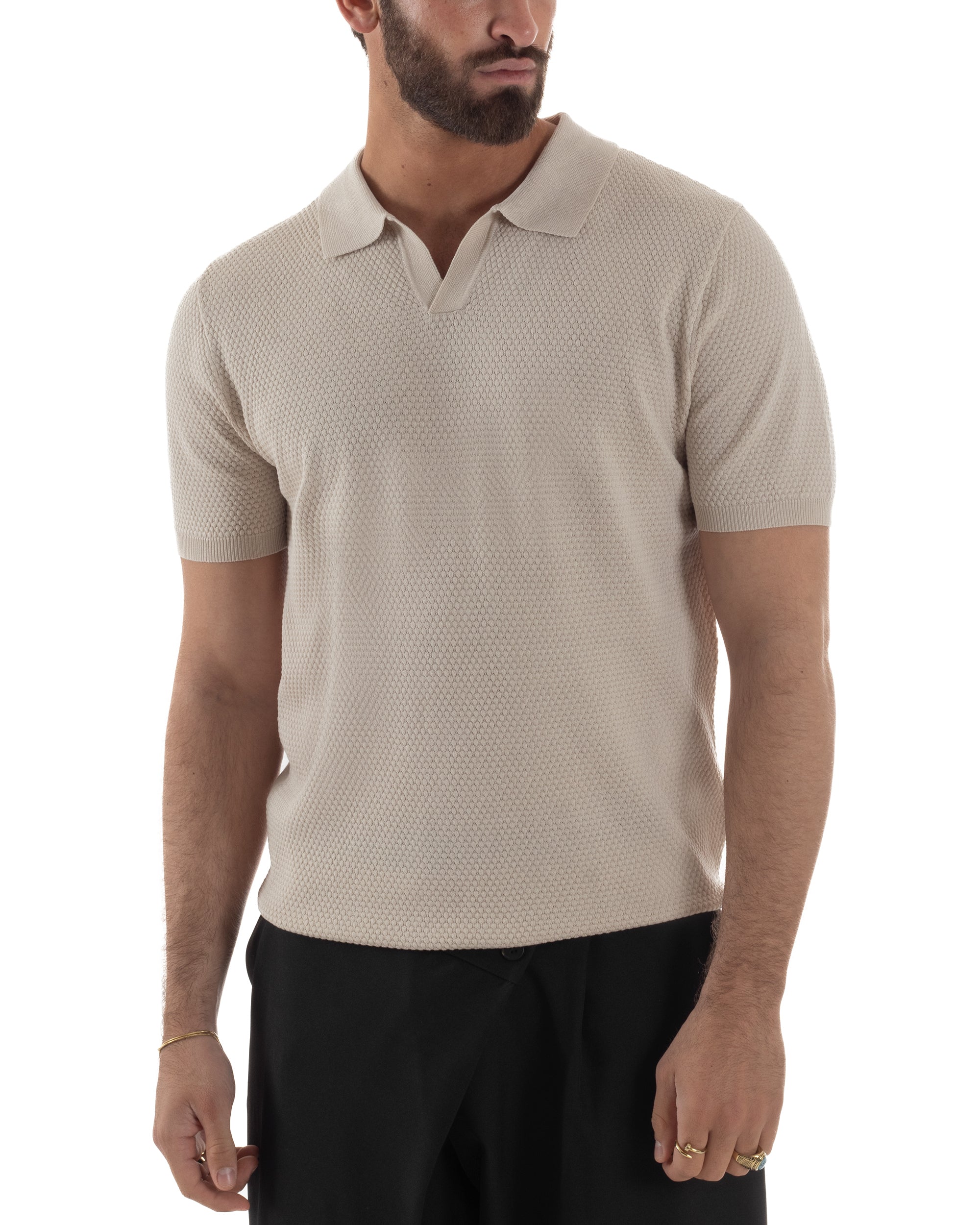 Polo uomo filo maglia traforata colletto t-shirt sottogiacca scollo v beige GIOSAL-TS3214A