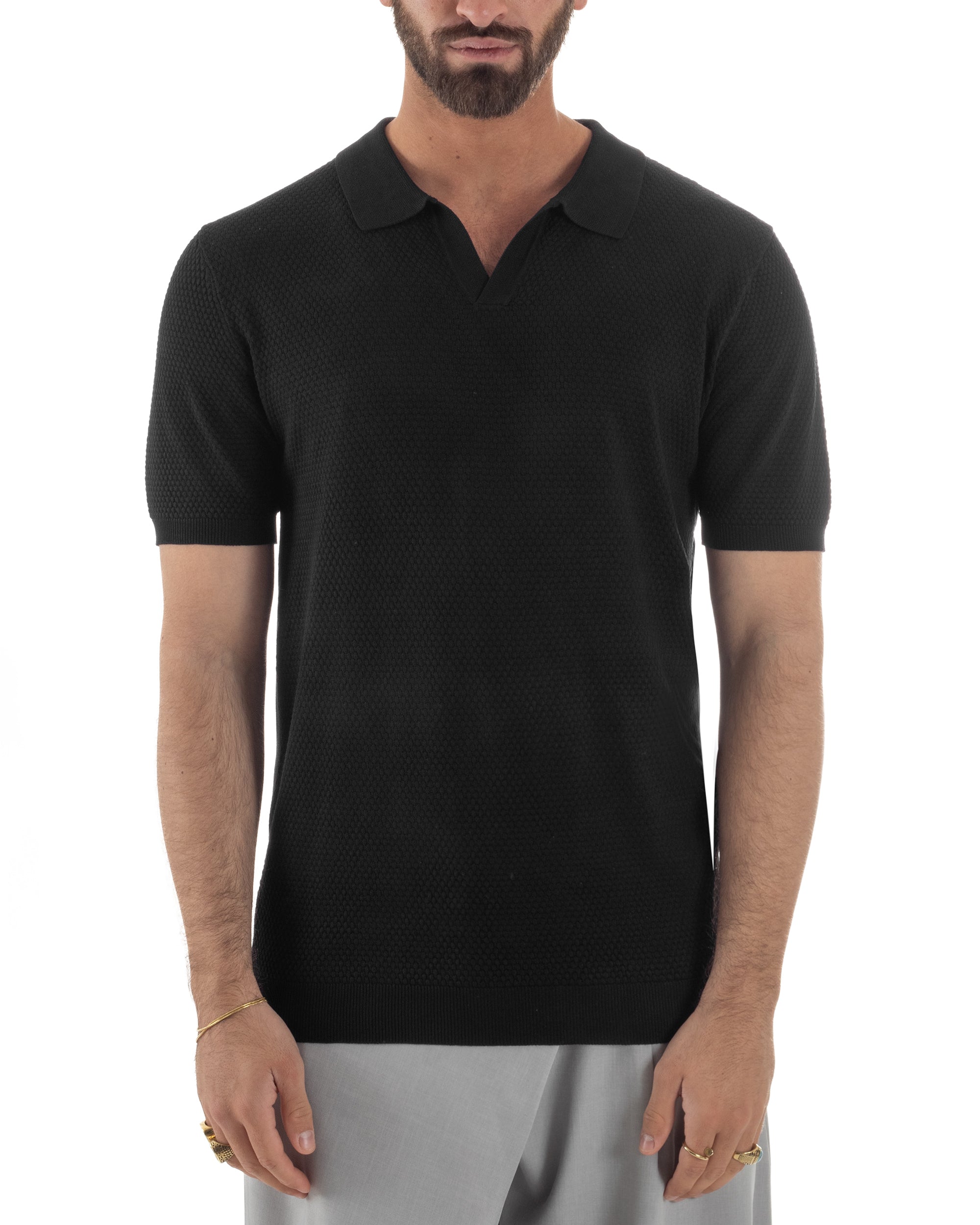 Polo uomo filo maglia traforata colletto t-shirt sottogiacca scollo v nero GIOSAL-TS3216A