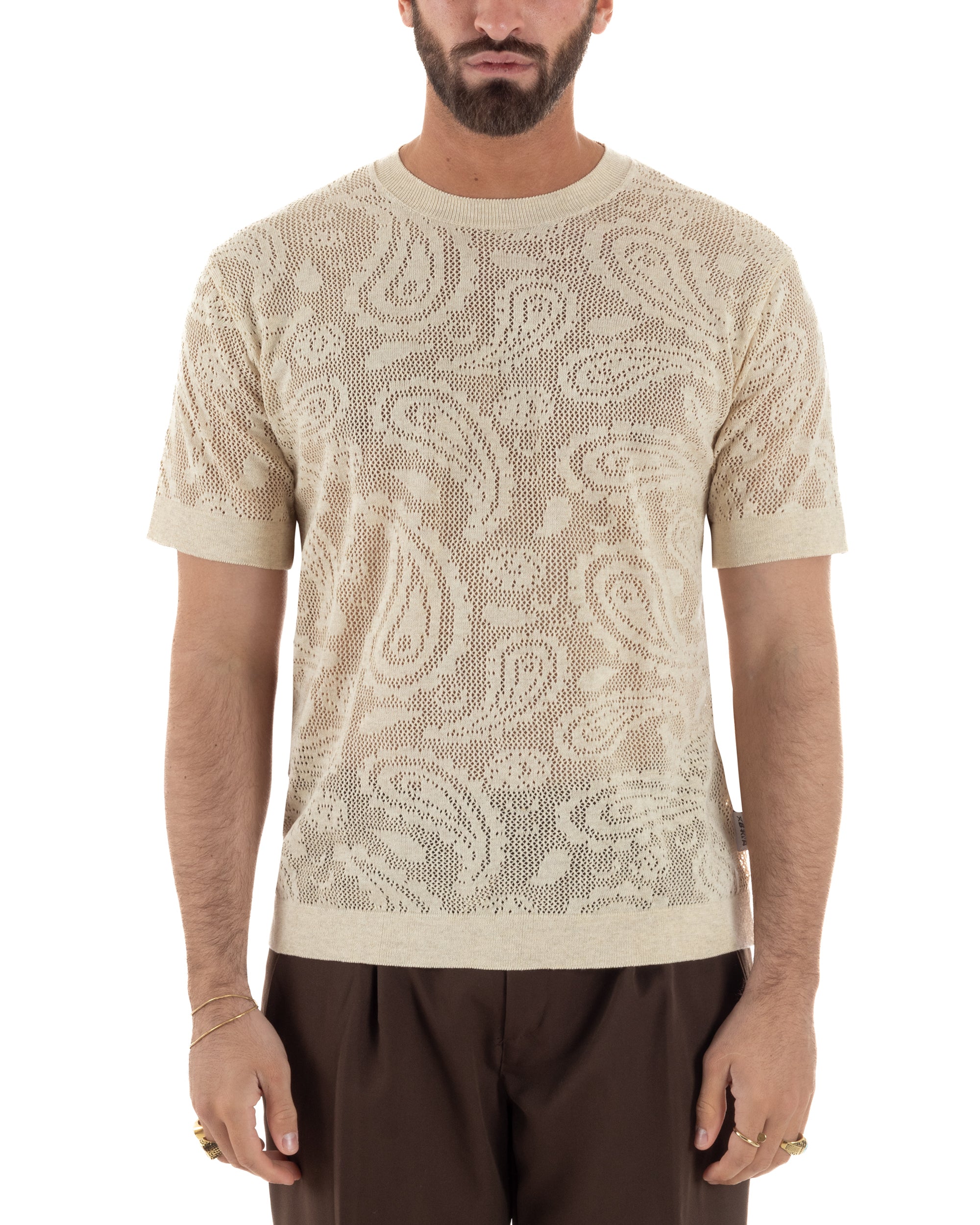 T-shirt uomo maglia traforata girocollo crochet jacquard panna BERNA M-261017