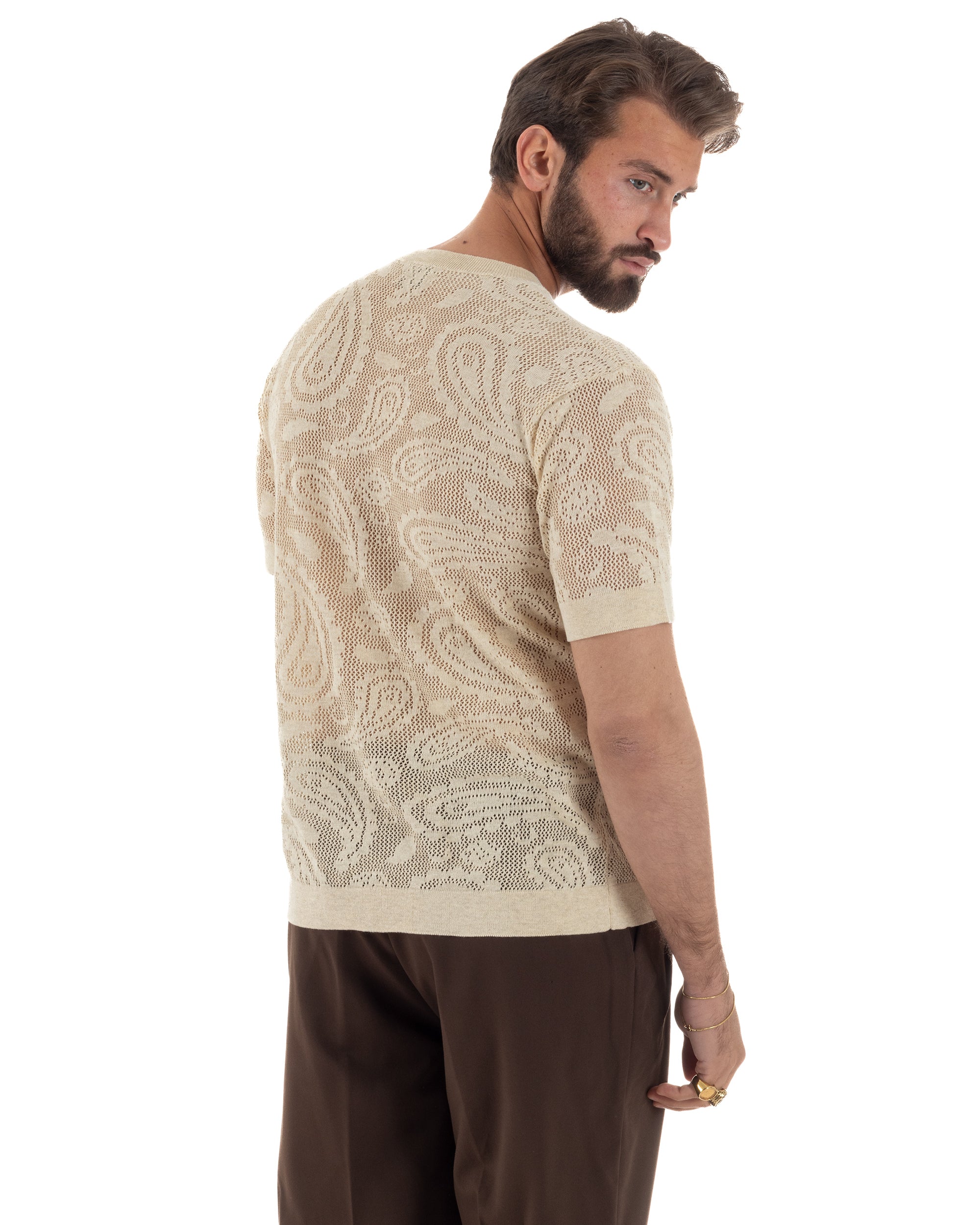 T-shirt uomo maglia traforata girocollo crochet jacquard panna BERNA M-261017