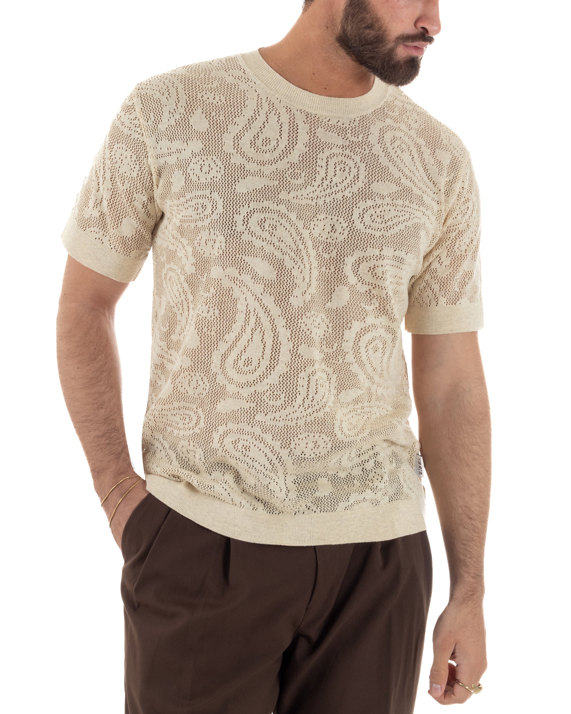 T-shirt uomo maglia traforata girocollo crochet jacquard panna BERNA M-261017