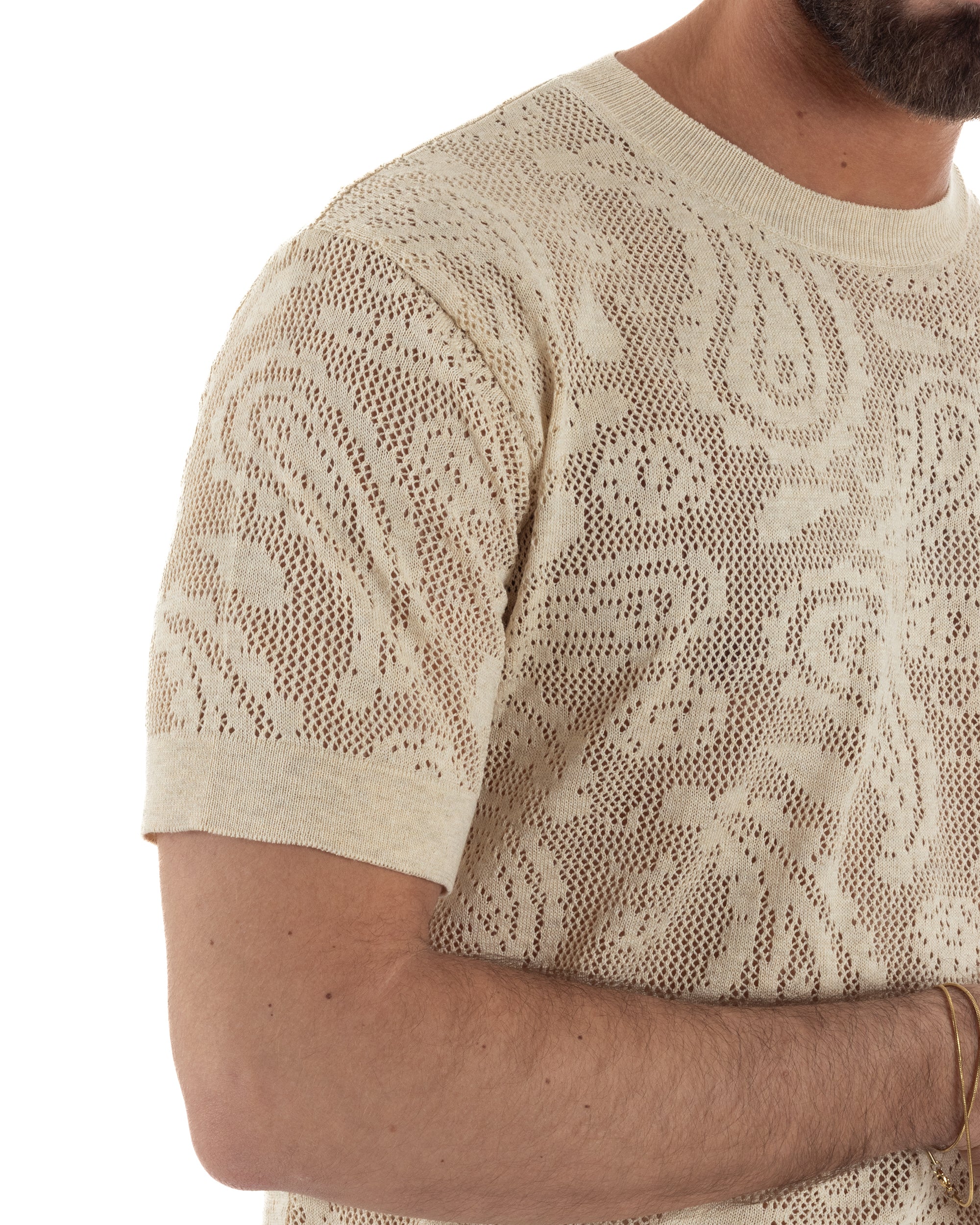 T-shirt uomo maglia traforata girocollo crochet jacquard panna BERNA M-261017