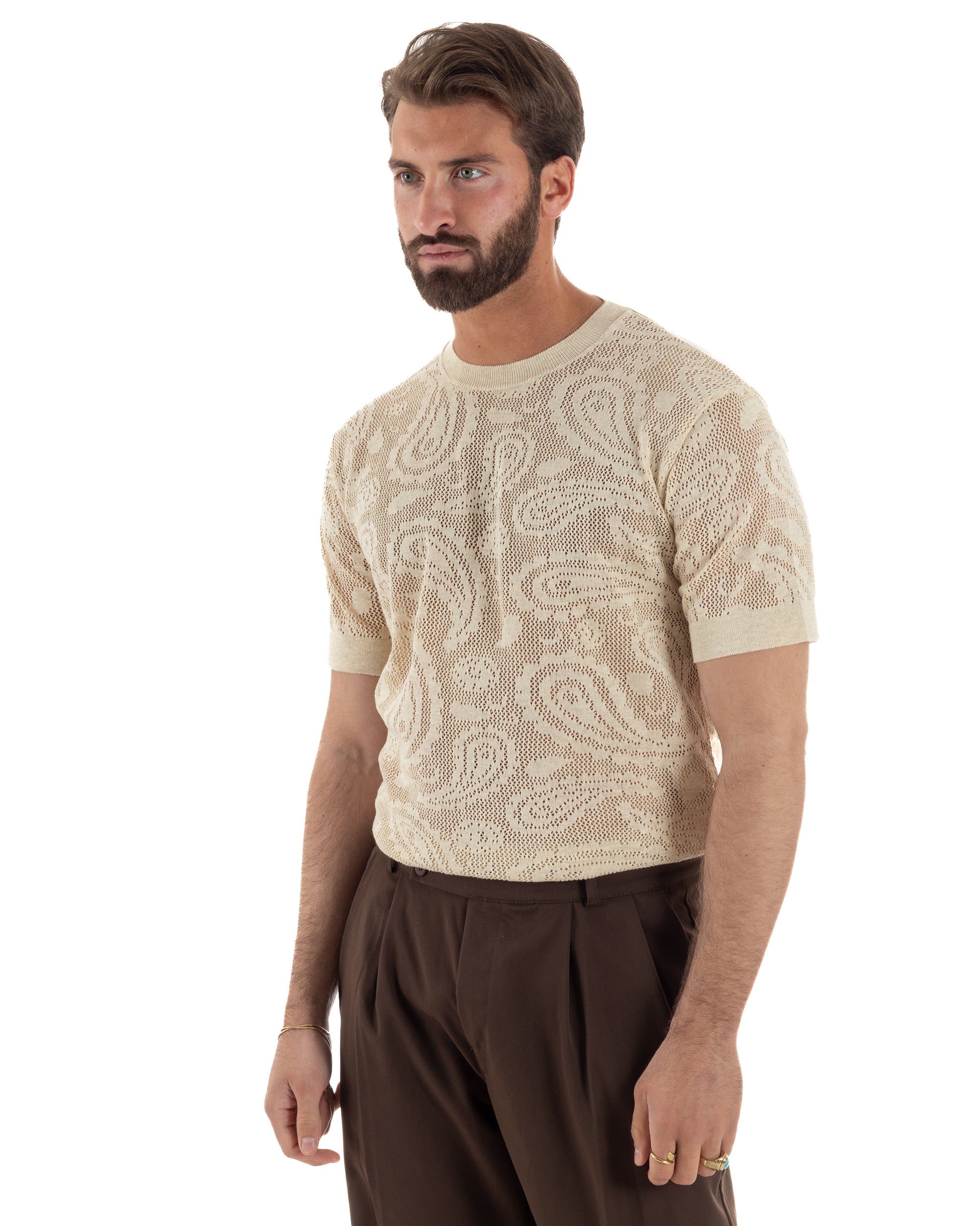T-shirt uomo maglia traforata girocollo crochet jacquard panna BERNA M-261017