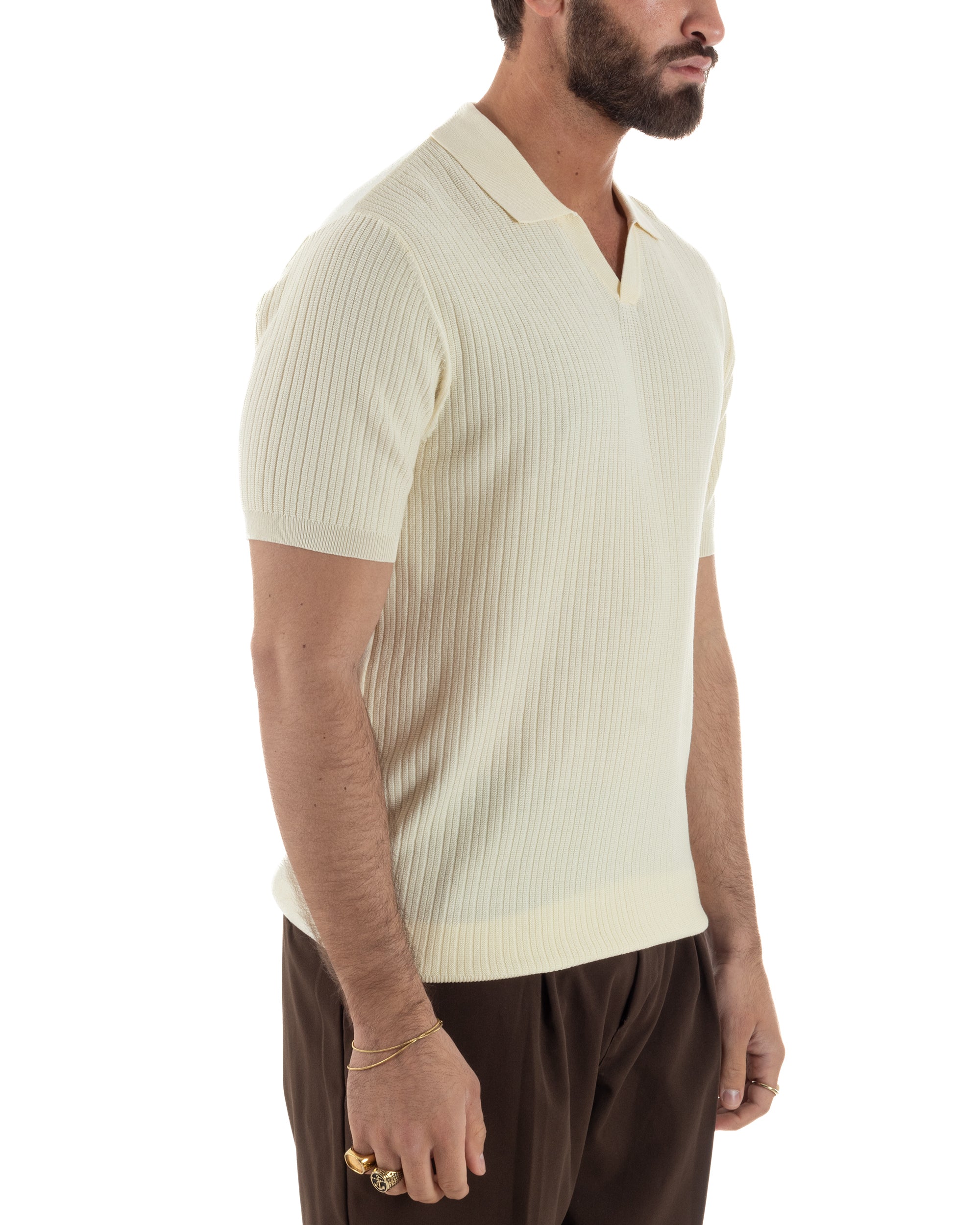 Dettaglio maglia filo costine polo panna 79% viscosa regular fit uomo
